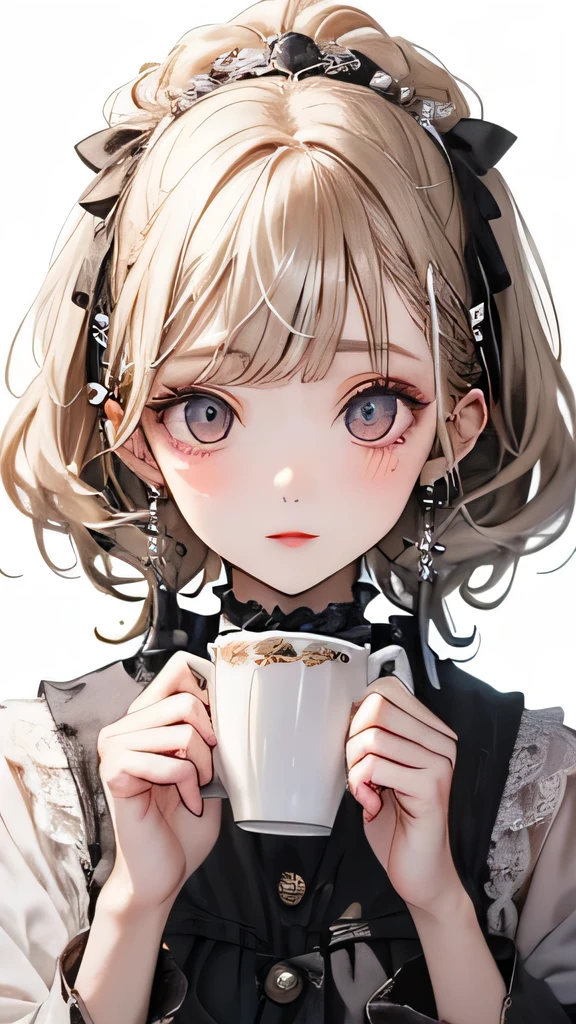 Young girl holds a coffee cup in her hand, Beautiful girl, cute, clear face, Natural cute anime face, With a cute-cute face, Sakimi-chan, Shiho, Yoshitomo Nara, Young and beautiful face, beautiful japanese girls face, Brown hair and big eyes, lovely woman, beautiful light、Big eyes,32k, uhd