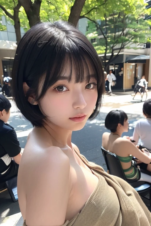 (High resolution:1.3), (16k, Photorealistic, Raw photo, Best image quality: 1.4), Japanese, (One Girl), Beautiful Face, (A vivid face), (Black-haired、short hair:1.3), Beautiful Hairstyles, Realistic eyes, Beautifully detailed eyes, (Realistic Skin), Beautiful skins, attractive, 超A high resolution, Surreal, High detail, Golden Ratio, Highly detailed cute girl,(20-year-old), Tokyo、Omotesando、Daytime、(Many passers-by:2.0), Off the shoulder