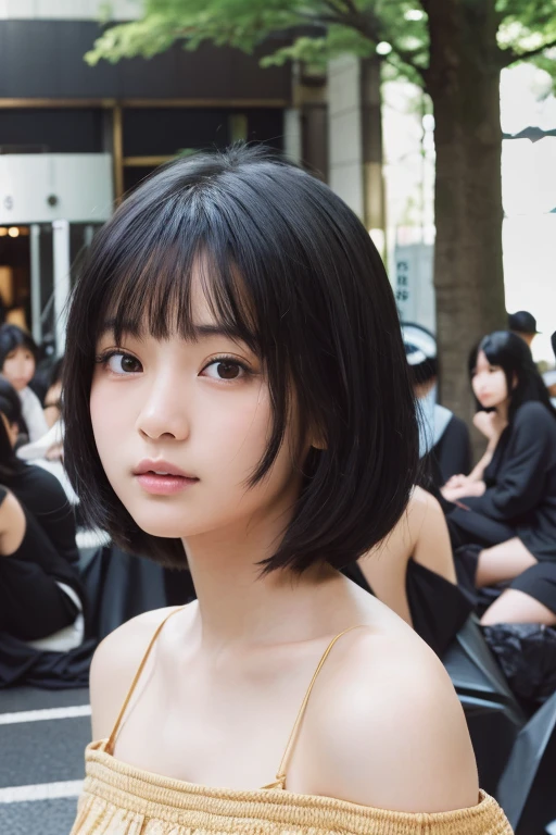 (High resolution:1.3), (16k, Photorealistic, Raw photo, Best image quality: 1.4), Japanese, (One Girl), Beautiful Face, (A vivid face), (Black-haired、short hair:1.3), Beautiful Hairstyles, Realistic eyes, Beautifully detailed eyes, (Realistic Skin), Beautiful skins, attractive, 超A high resolution, Surreal, High detail, Golden Ratio, Highly detailed cute girl,(20-year-old), Tokyo、Omotesando、Daytime、(Many passers-by:2.0), Off the shoulder