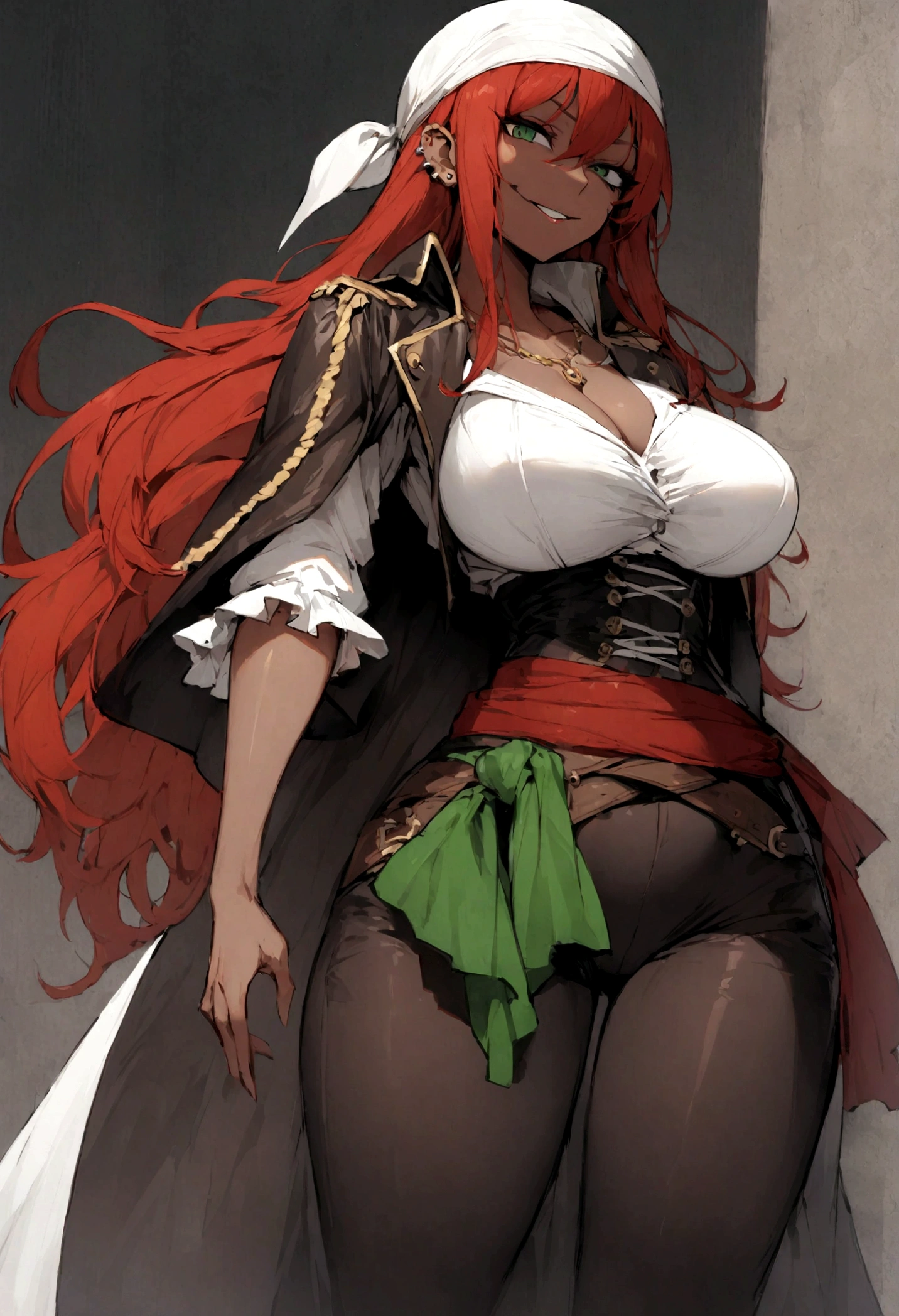 Tall woman, slender figure, large breast, thin waist, pirate clothing, bandana, light tan skin, piercing green eyes, evil smile, long red hair,fitted leather jacket, white blouse, pants are tight and reinforced,A sash tied around her waist, , cloak, exposed chest