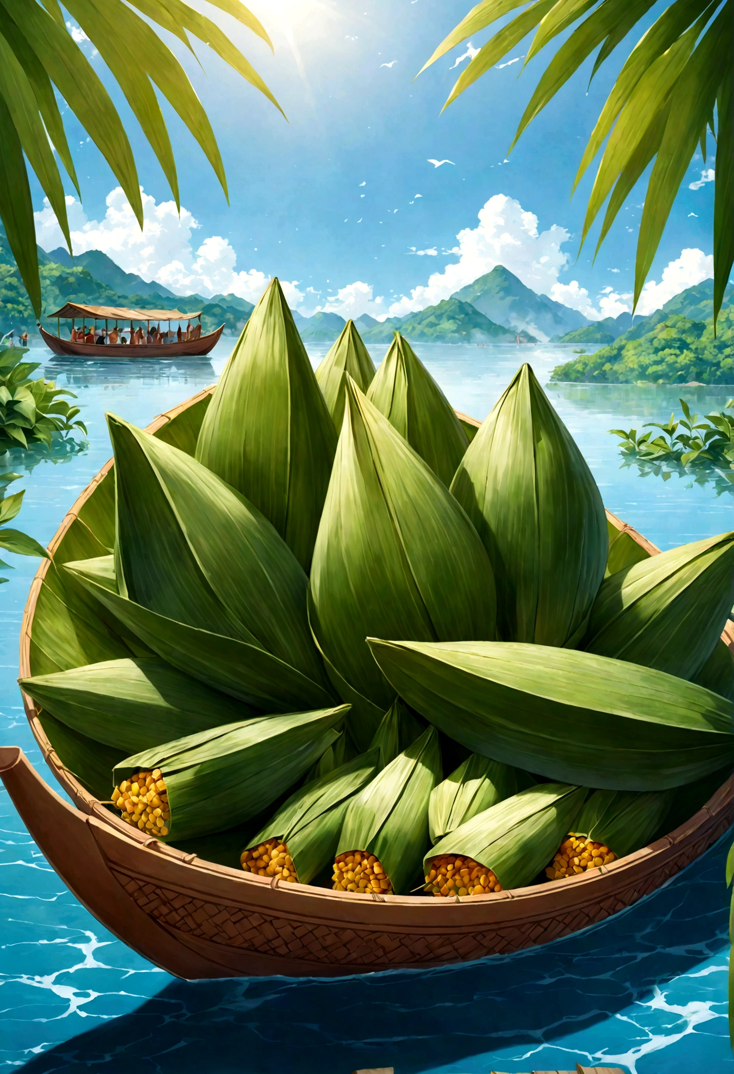 best quality,masterpiece,ultra high res,highres,delicate,8k wallpaper,soft light,official art,dragon boat festival,boat,leaf,zongzi,plant,sky,water