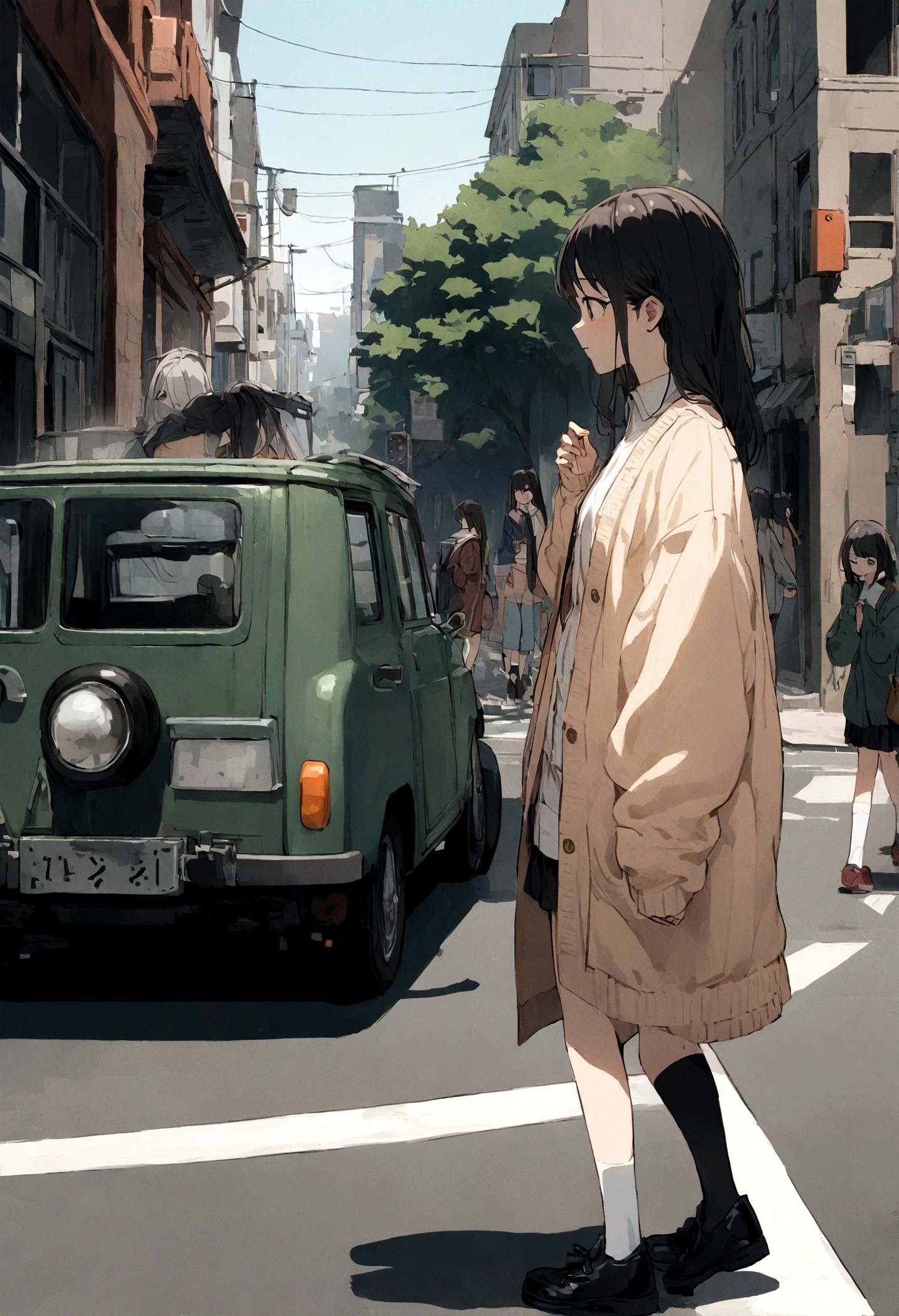 two female teenagers walk down the street with only a small sign in their hand, ground vehicle, multiple girls, car, motor vehicle, 2girls, socks, black hair, bag, sleeves past wrists, cardigan, , shoes