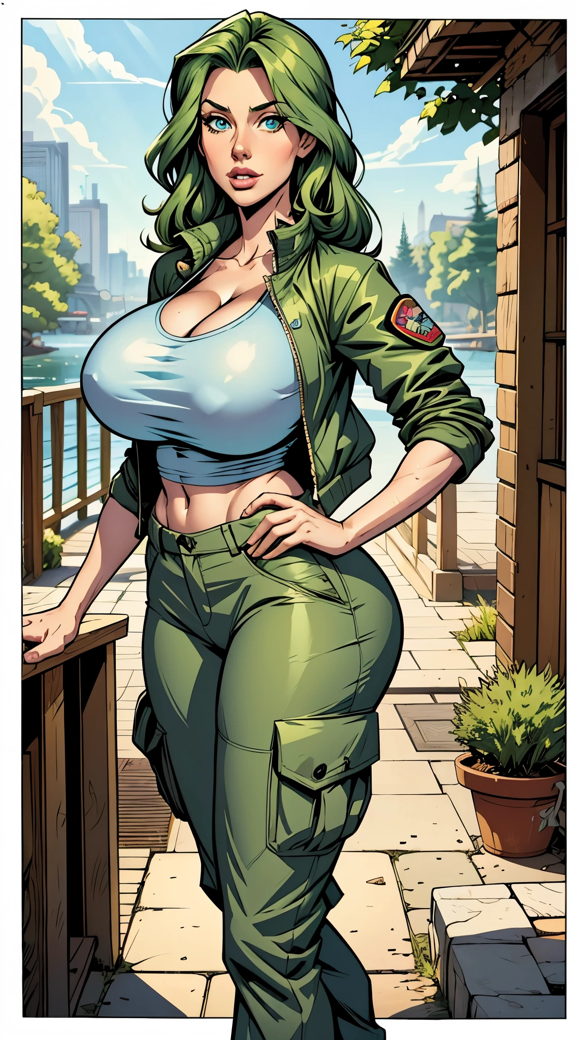 Tall stature, long, wavy green hair. Bright and expressive light blue eyes. She was wearing cargo pants, a printed t-shirt and a waterproof jacket, big ass, big hip. Busty. Comic style