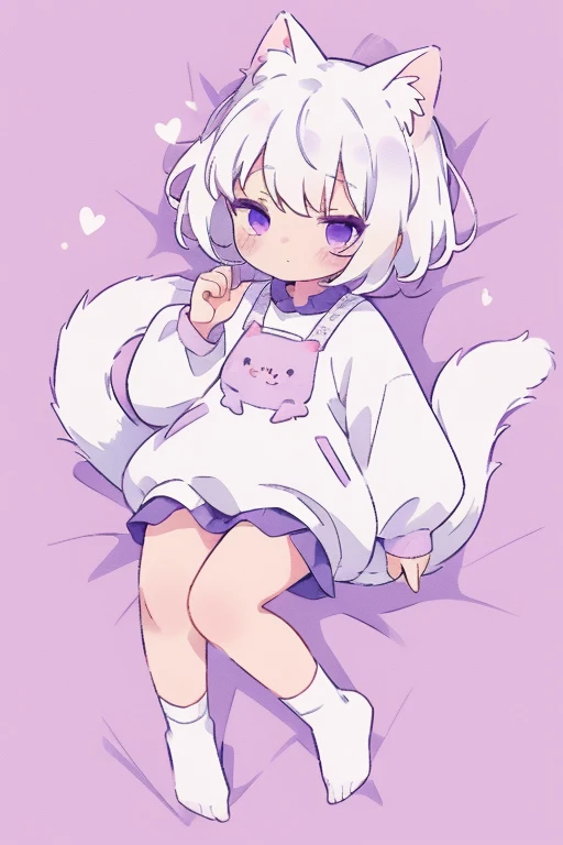 masterpiece, best quality, detailed background, detailed clothes, cute, small, oversized clothes, white hair, short hair, white fluffy cat tail, white cat ears, small size, full body, purple eyes, fluffy, fluff ears, solo, long sleeves, detiled, A girl, kawaiitech, pastel colors, kawaii, cute colors