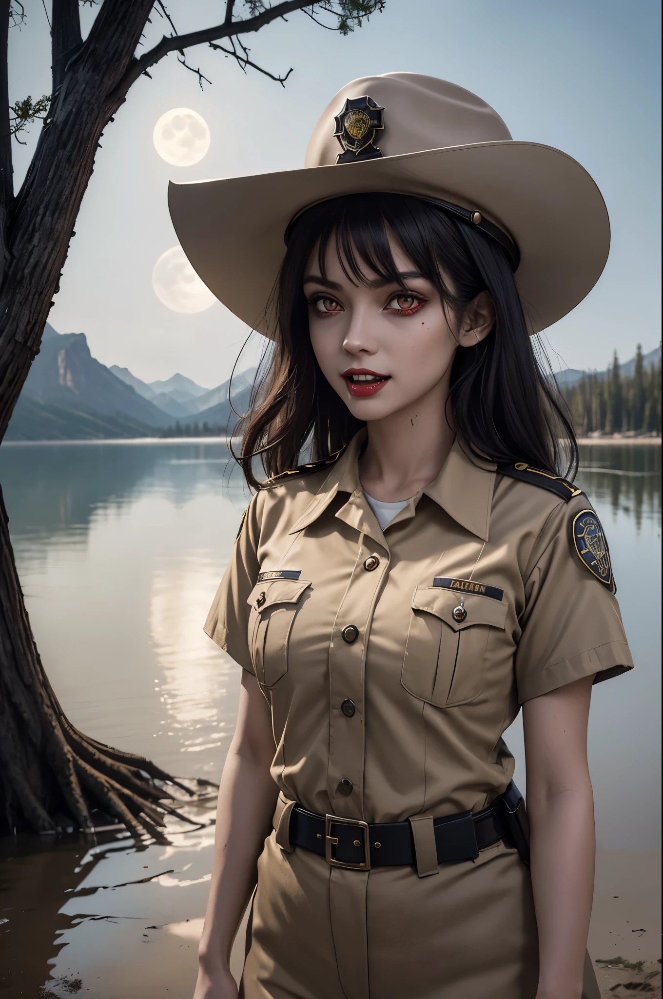 (((night, moonlight))) ((a deserted lake)) Vampire woman, (((red eyes and fangs))), pale skin, (((park ranger uniform, park ranger hat, beige National Park uniform, short sleeves)))), (open mouth, blood on mouth), (evil grin), looking at viewer, standing in a deserted lake, sopping wet, style of a painted book illustration, dramatic lighting, ((depth of field)), ((masterpiece)), ((best quality)), ((highly detailed)), horror theme