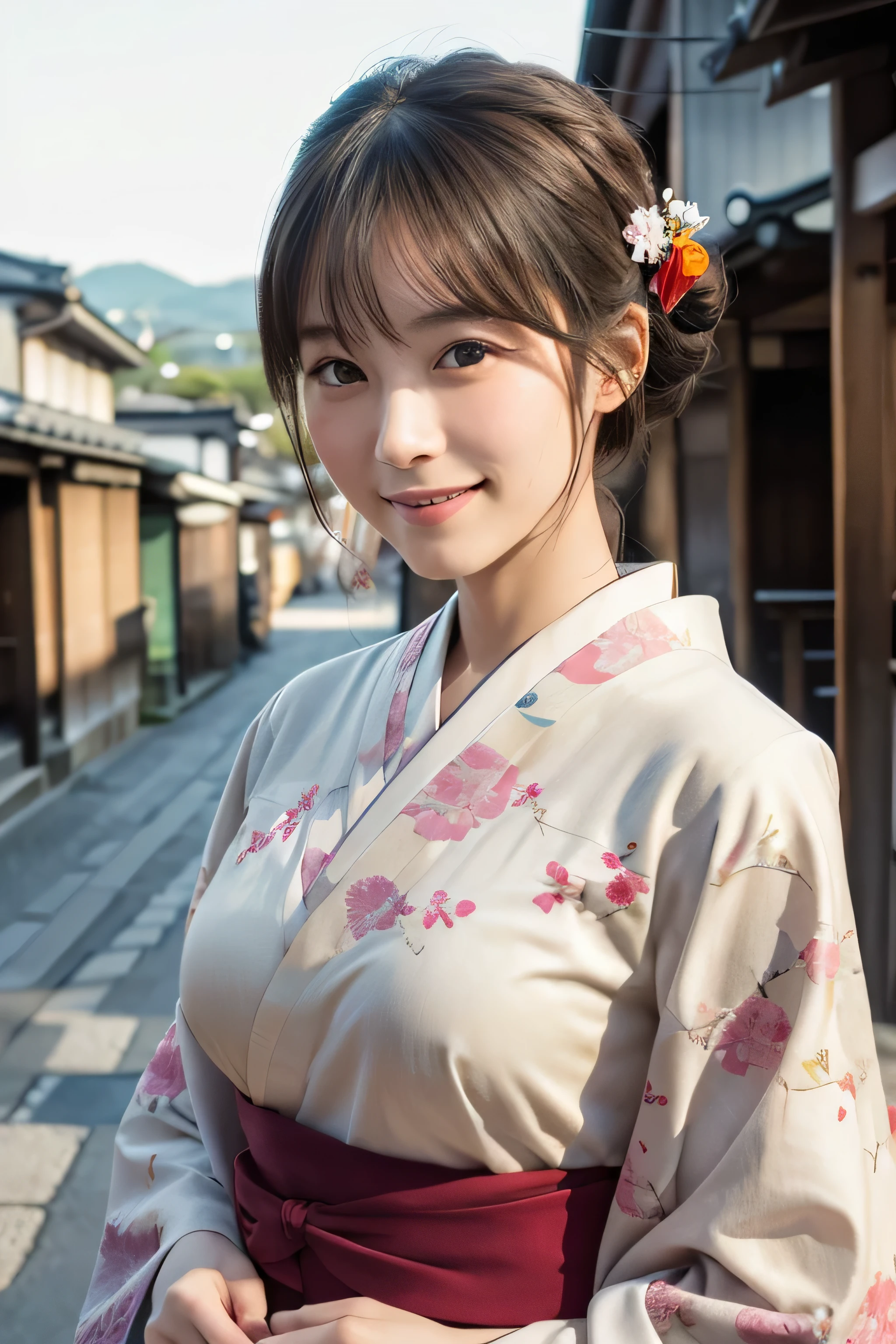 Professional Lighting,(Photorealistic:1.4), (Top image quality:1.0), (超A high resolution:1.0), 8k, Raw photography, (masterpiece:0.2), (Facing the children_v1:0.5)、(highest quality Detail:1.2)、Realistic、8K Ultra HD、High resolution、(1 girl:1.2)、Super detailed、High quality textures、Complex details、detailed、Very detailed CG、High quality shadows、detailed Beautiful and delicate face、Beautiful details and a delicate eye、(Symmetrical eyes:1.2),Written boundary depth、Ray Tracing,1 girl, Japanese Girls, (Natural smile:1.4),cute, thin, Portrait of a beautiful Japanese woman in a kimono, Standing elegantly on a street corner in Kyoto. Kimono with vibrant traditional patterns, Hair decorated with elegant and delicate hairpins, Gentle expression. (With the old streets of Kyoto in the background:1.4)、The soft light of a spring afternoon、Adding tranquility to the scene. Rendered in a Realistic style with great attention to detail, High resolution images.Sky Porn, Magic Hour, (Realistic:1.3), finely, quality, (Tabletop:1.2), (Realistic:1.2), (highest quality), (Complex details), dramatic, Ray Tracing, photograph, +roller, (Large Breasts:1.2),