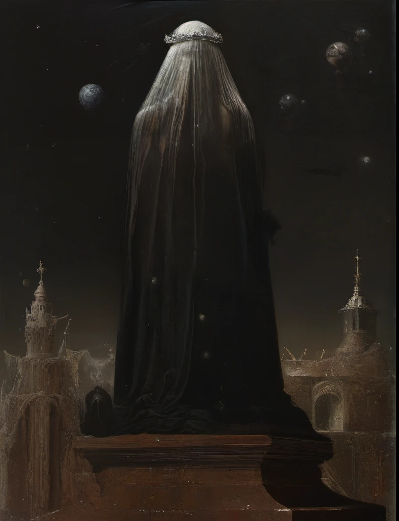 James Gurney, Surrealist art , dream-like, Mysterious, Provocative, symbolic, Complex, detailed,, (Gothic but very beautiful:1.4), (masterpiece, highest quality:1.4) , Nicola Samori Style, Goddess of Saturn