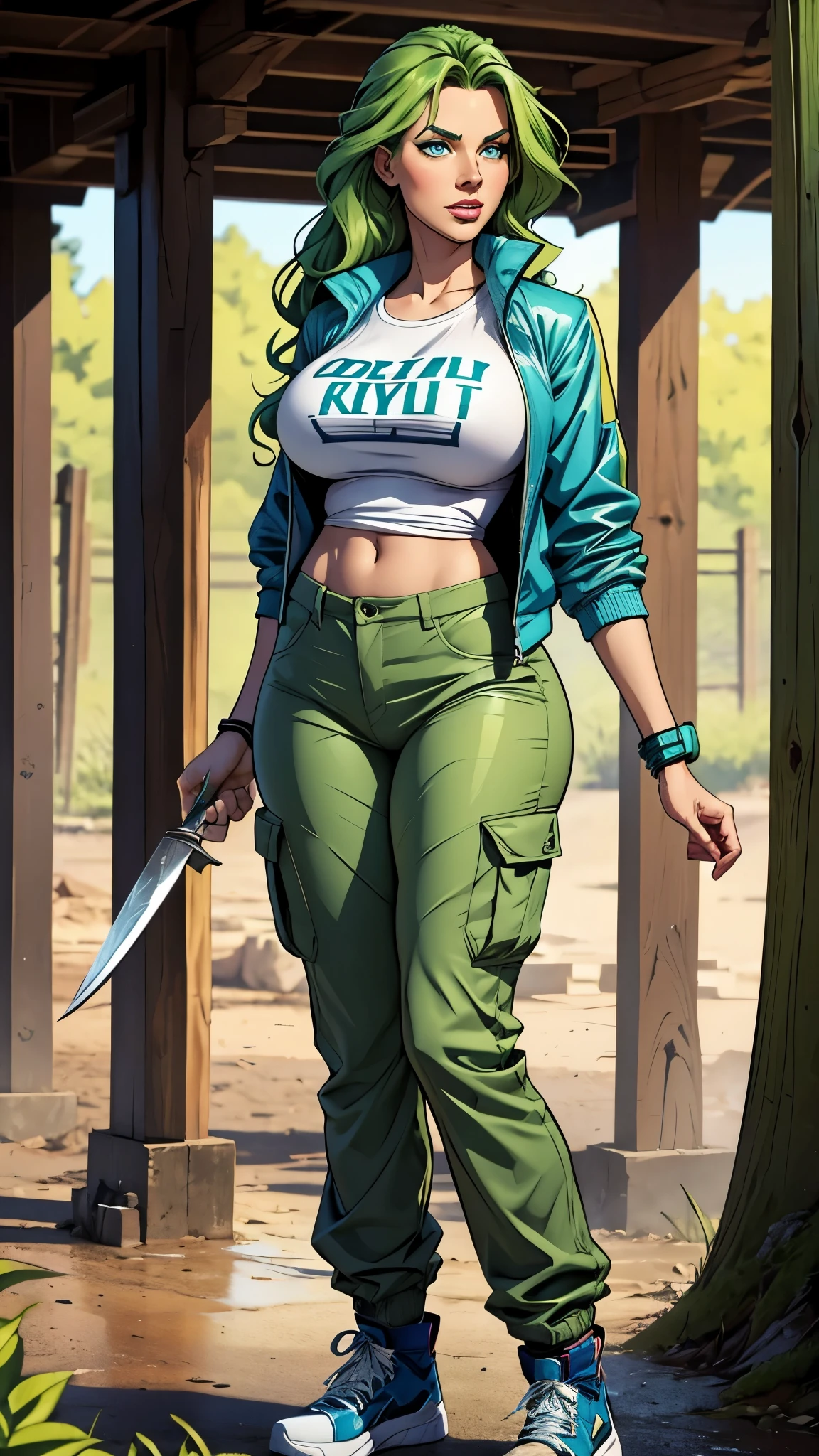 Tall stature, long, wavy green hair. Bright and expressive light blue eyes. She was wearing cargo pants, a printed t-shirt and a waterproof jacket, big ass, big hip. Busty. Comic style. she has a big knife in her hand