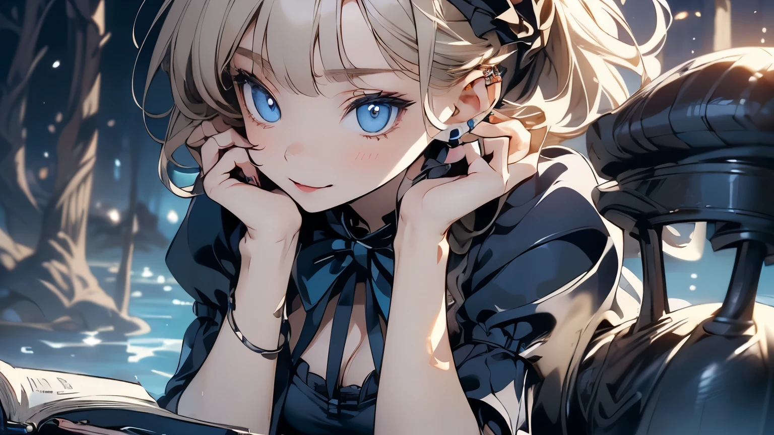 ((Biologically correct limb count))、(( Illustrations with faces))、4K、masterpiece、((Focus on the face))、((Symmetric, Well-proportioned facial features))、Delicate descriptive eyes、Beautiful woman、Excellent style、Slender body、((blue gothic dress、Gothic ta)、High heels)、In the water at night、((Upper body close-up))、smile、shy,Reading a book
