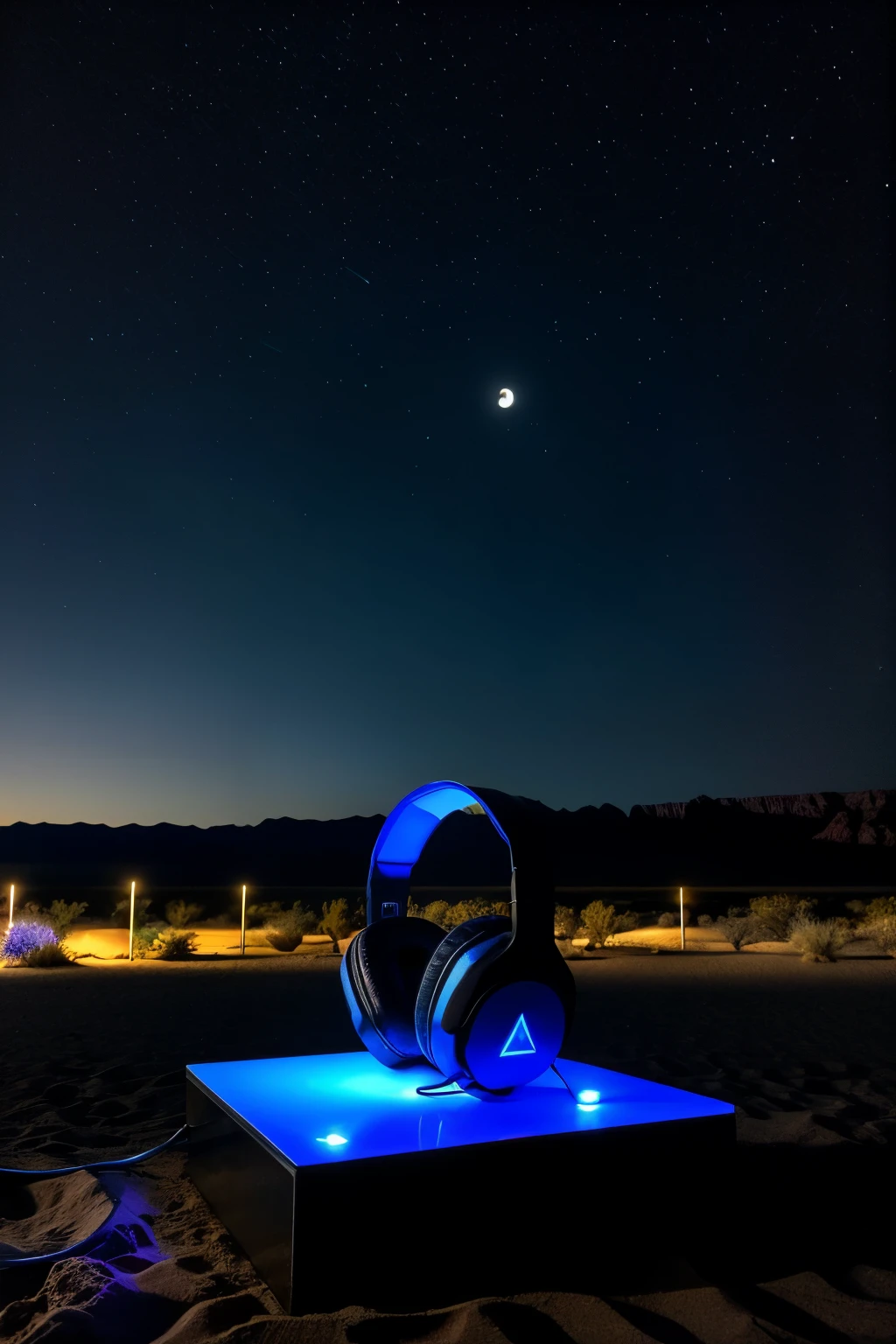 A photo in the desert, a dark night scene with dark blue lighting, showing a modern black headset on a charging base, next to it a modern phone displaying a music application on the screen.. In the background, the dark sky appears gradually blue with the moon and some faint night-blue lights on the horizon, with a pink rose on the sand.