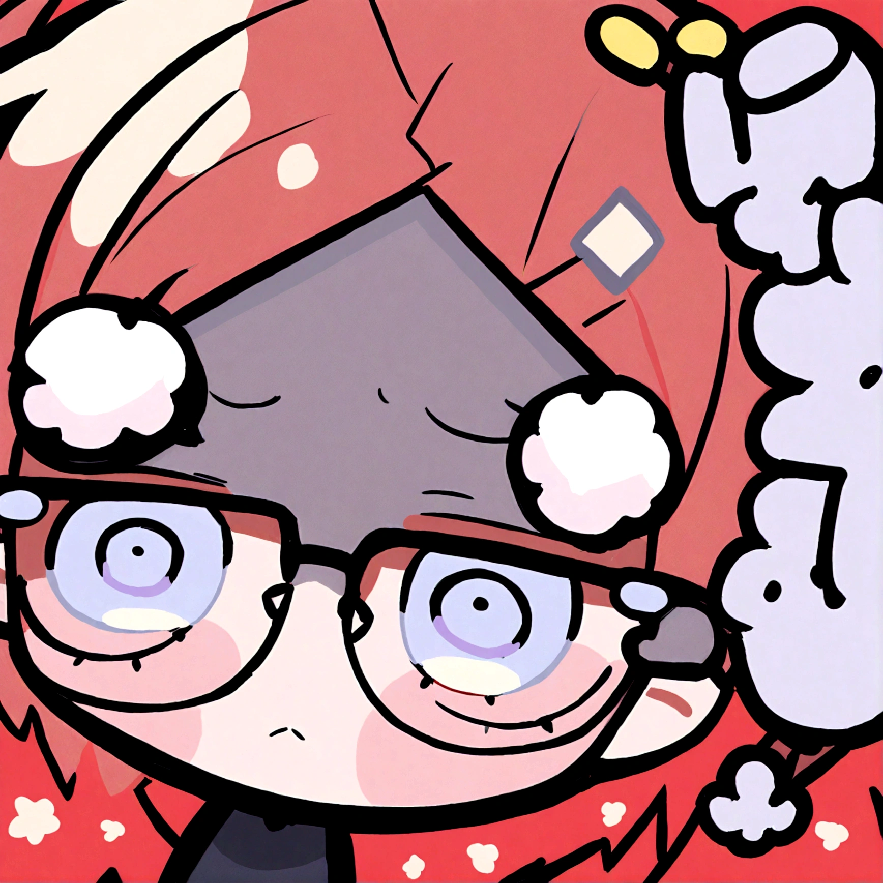 a chibi female with a black dress, red long hair and glasses on
