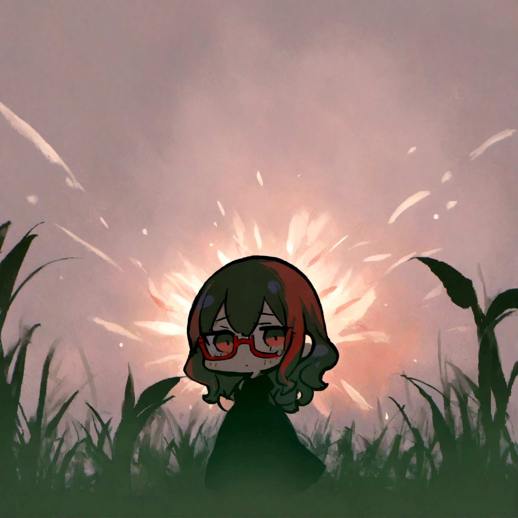 a chibi female with a black dress, red long hair and glasses on