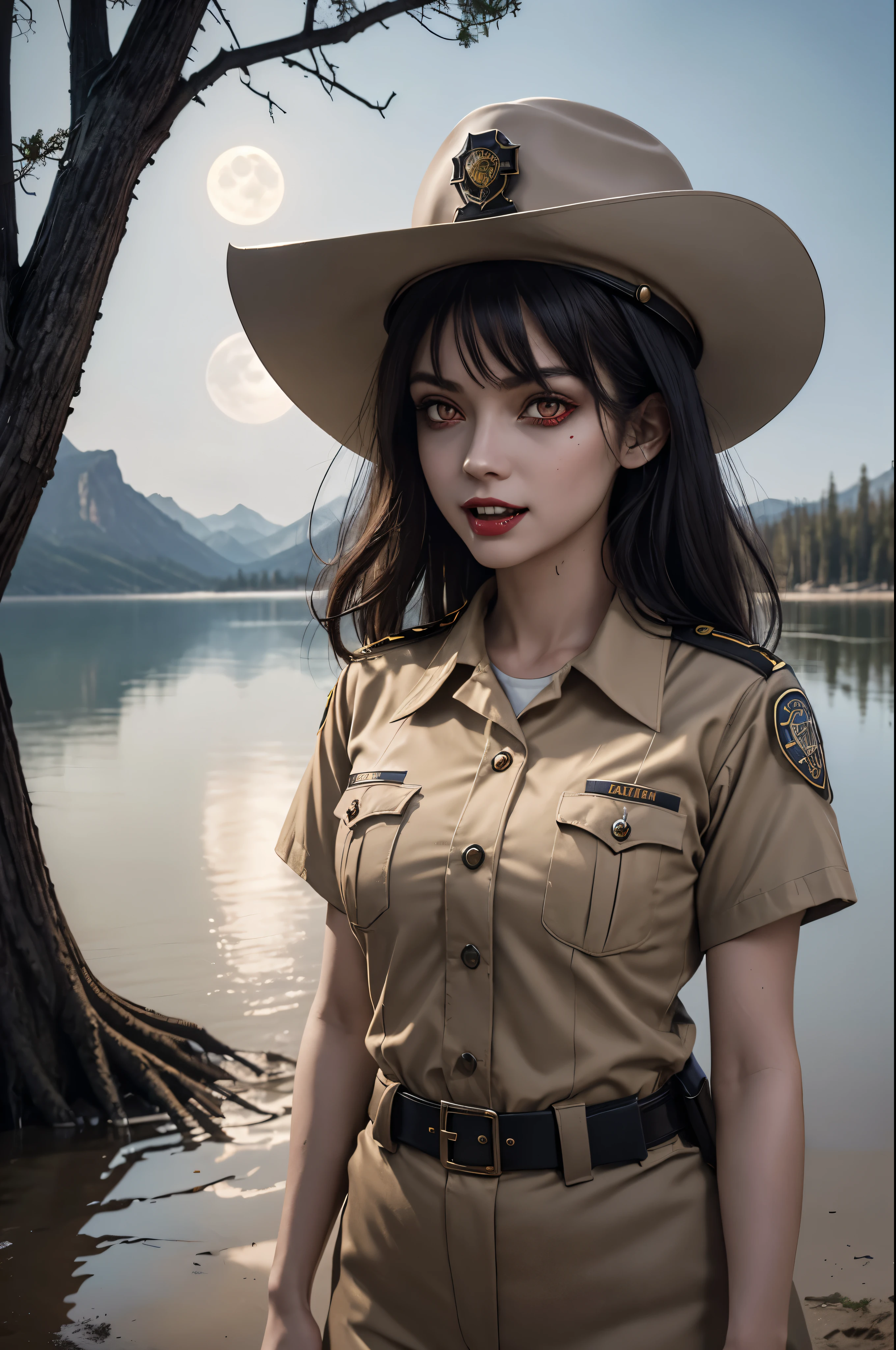 (((night, moonlight))) ((a deserted lake)) Vampire woman, (((red eyes and fangs))), pale skin, (((park ranger uniform, park ranger hat, beige National Park uniform, short sleeves)))), (open mouth, blood on mouth), (evil grin), looking at viewer, standing in a deserted lake, sopping wet, style of a painted book illustration, dramatic lighting, ((depth of field)), ((masterpiece)), ((best quality)), ((highly detailed)), horror theme