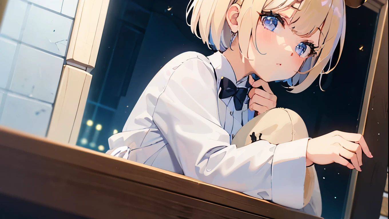 長袖の白いタキシードを着た可愛いgirlが壇上で笑っている、Blonde、Bobcut、Dark and old bar、Anime Style、Behind him are several band members in white tuxedos.、The character is slightly to the right、girl