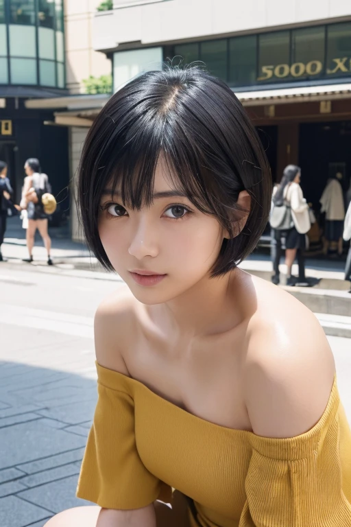 (High resolution:1.3), (16k, Photorealistic, Raw photo, Best image quality: 1.4), Japanese, (One Girl), Beautiful Face, (A vivid face), (Black-haired、short hair:1.3), Beautiful Hairstyles, Realistic eyes, Beautifully detailed eyes, (Realistic Skin), Beautiful skins, attractive, 超A high resolution, Surreal, High detail, Golden Ratio, Highly detailed cute girl,(20-year-old),  Tokyo、Omotesando、Daytime、(Many passers-by:2.0), (Off the shoulder:1.5)