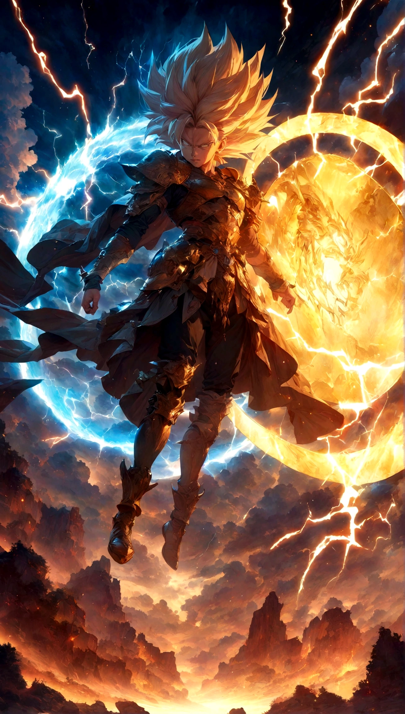 (Best quality, masterpieces,anime style,style of akira toriyama:1.1),super saiyan,Bursting,Golden energy shield,surround,amazing,The wind and clouds changed color, lightning and thunder