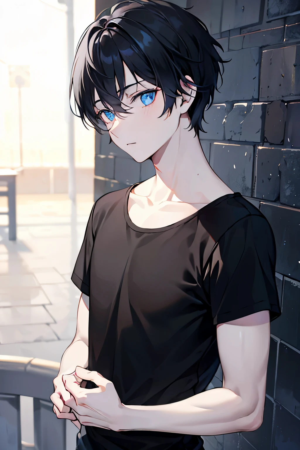 He has blue eyes, littel short black hair, normal black shirt, white skin, medium build