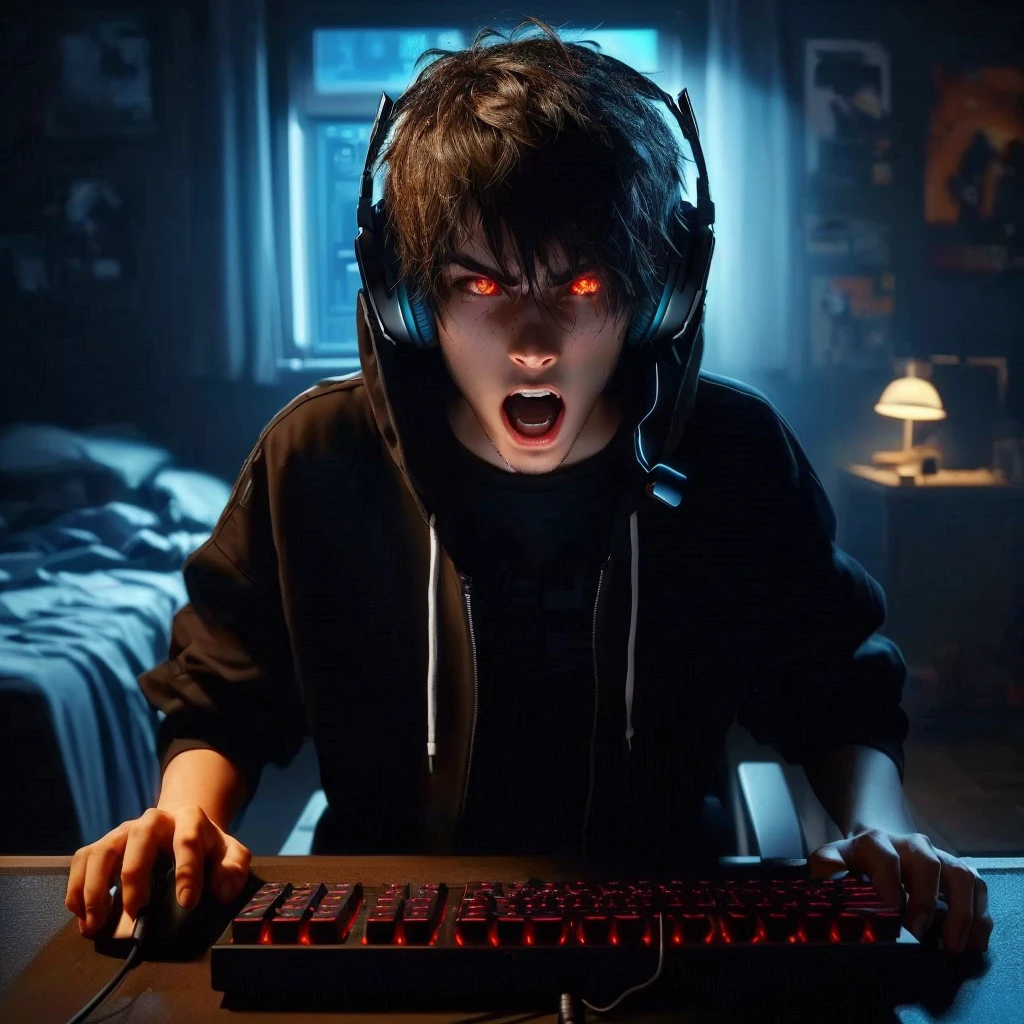 HD, high res, boy with headphones on playing a computer game, profile picture 1024px, facing viewer, gaming, gamer, pc gaming, gamer aesthetic, intense anger, instense screaming, 8k, playing computer games, wearing a gaming headset, with fiery glowing eyes, personal computer, perfect teeth, slight vibration screen distortion, ((perfect face))