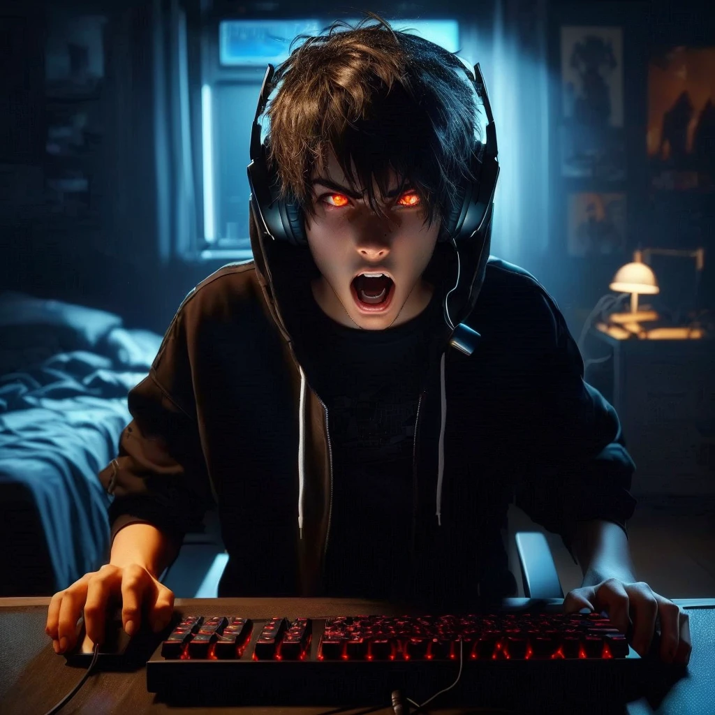 HD, high res, boy with headphones on playing a computer game, profile picture 1024px, facing viewer, gaming, gamer, pc gaming, gamer aesthetic, intense anger, instense screaming, 8k, playing computer games, wearing a gaming headset, with fiery glowing eyes, personal computer, perfect teeth, slight vibration screen distortion, ((perfect face))