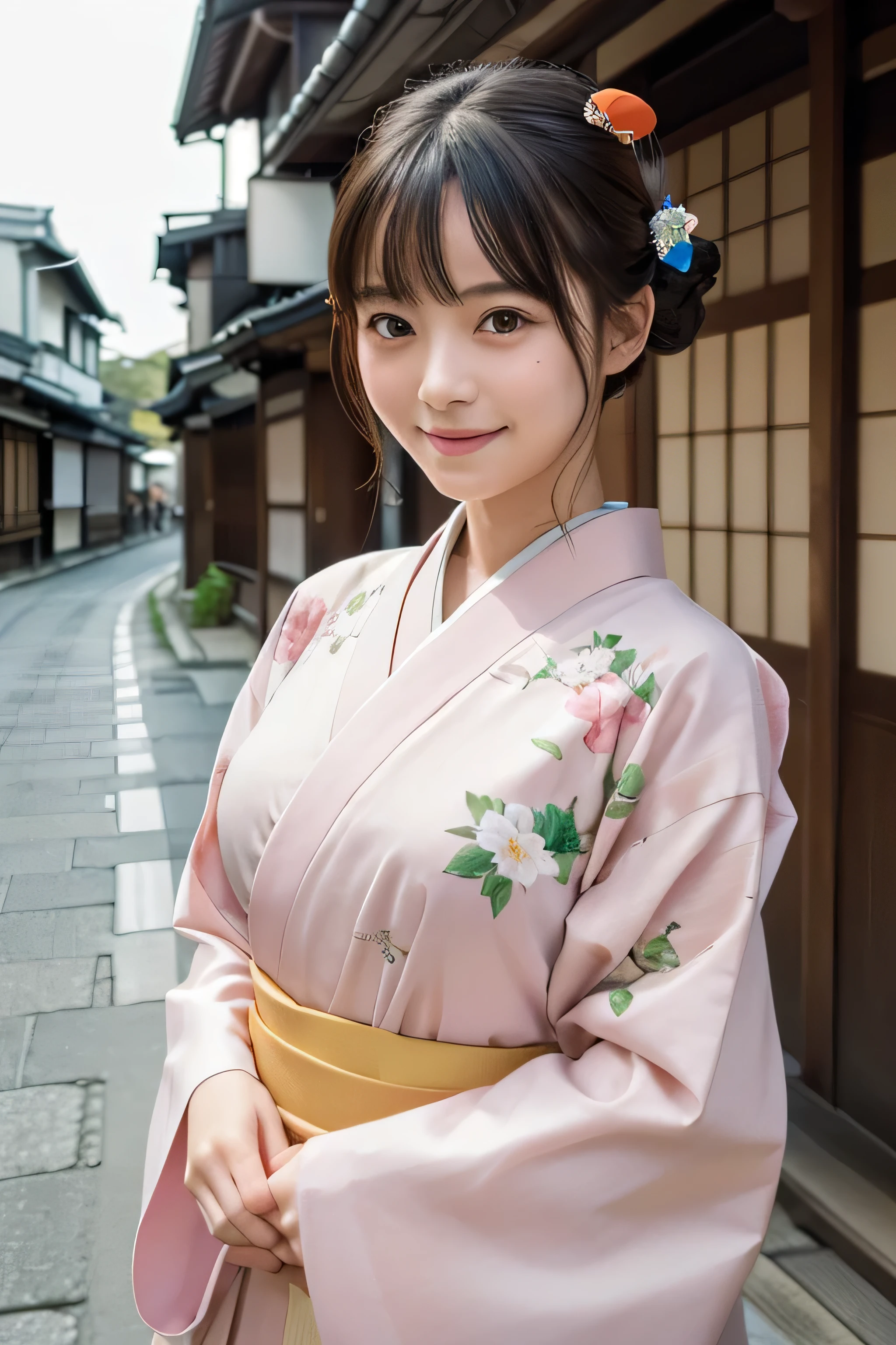 Professional Lighting,(Photorealistic:1.4), (Top image quality:1.0), (超A high resolution:1.0), 8k, Raw photography, (masterpiece:0.2), (Facing the children_v1:0.5)、(highest quality Detail:1.2)、Realistic、8K Ultra HD、High resolution、(1 girl:1.2)、Super detailed、High quality textures、Complex details、detailed、Very detailed CG、High quality shadows、detailed Beautiful and delicate face、Beautiful details and a delicate eye、(Symmetrical eyes:1.2),Written boundary depth、Ray Tracing,1 girl, Japanese Girls, (Natural smile:1.4),cute, thin, Portrait of a beautiful Japanese woman in a kimono, Standing elegantly on a street corner in Kyoto. Kimono with vibrant traditional patterns, Hair decorated with elegant and delicate hairpins, Gentle expression. (With the old streets of Kyoto in the background:1.4)、The soft light of a spring afternoon、Adding tranquility to the scene. Rendered in a Realistic style with great attention to detail, High resolution images.Sky Porn, Magic Hour, (Realistic:1.3), finely, quality, (Tabletop:1.2), (Realistic:1.2), (highest quality), (Complex details), dramatic, Ray Tracing, photograph, +roller, (Large Breasts:1.2),
