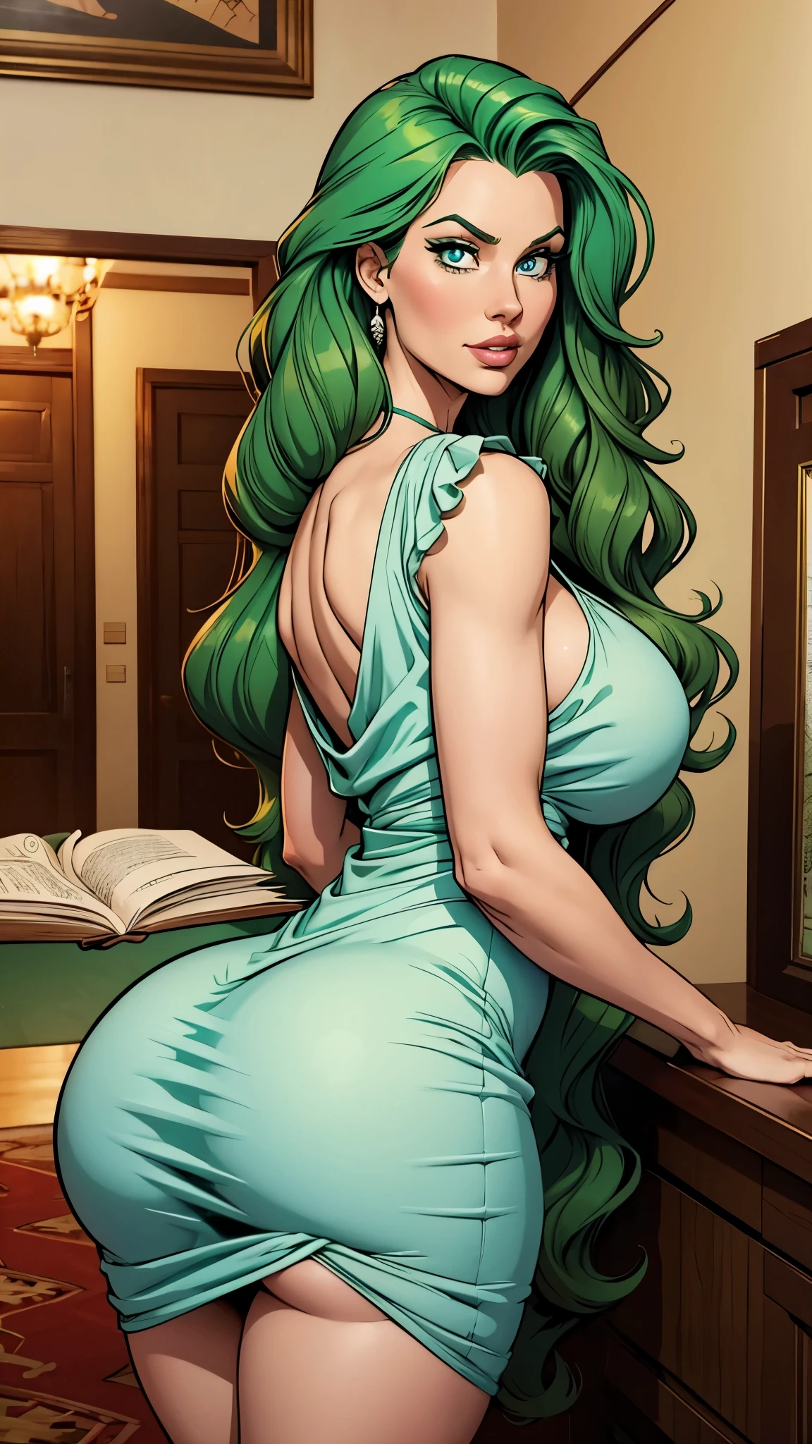 Tall stature, long, wavy green hair. Bright and expressive light blue eyes. She was wearing a elegant green dress. big ass, big hip. Busty. Comic style.