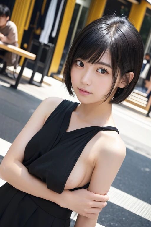 (High resolution:1.3), (16k, Photorealistic, Raw photo, Best image quality: 1.4), Japanese, (One Girl), Beautiful Face, (A vivid face), (Black-haired、short hair:1.3), Beautiful Hairstyles, Realistic eyes, Beautifully detailed eyes, (Realistic Skin), Beautiful skins, attractive, 超A high resolution, Surreal, High detail, Golden Ratio, Highly detailed cute girl,(20-year-old),  Tokyo、Omotesando、Daytime、(Many passers-by:2.0), (Off the shoulder:1.5)(Nipples:1.5)