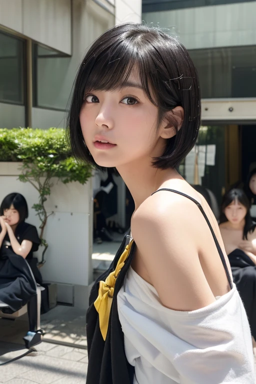 (High resolution:1.3), (16k, Photorealistic, Raw photo, Best image quality: 1.4), Japanese, (One Girl), Beautiful Face, (A vivid face), (Black-haired、short hair:1.3), Beautiful Hairstyles, Realistic eyes, Beautifully detailed eyes, (Realistic Skin), Beautiful skins, attractive, 超A high resolution, Surreal, High detail, Golden Ratio, Highly detailed cute girl,(20-year-old), Tokyo、Omotesando、Daytime、(Many passers-by:2.0), (Off the shoulder:1.5)(Nipples:1.5)