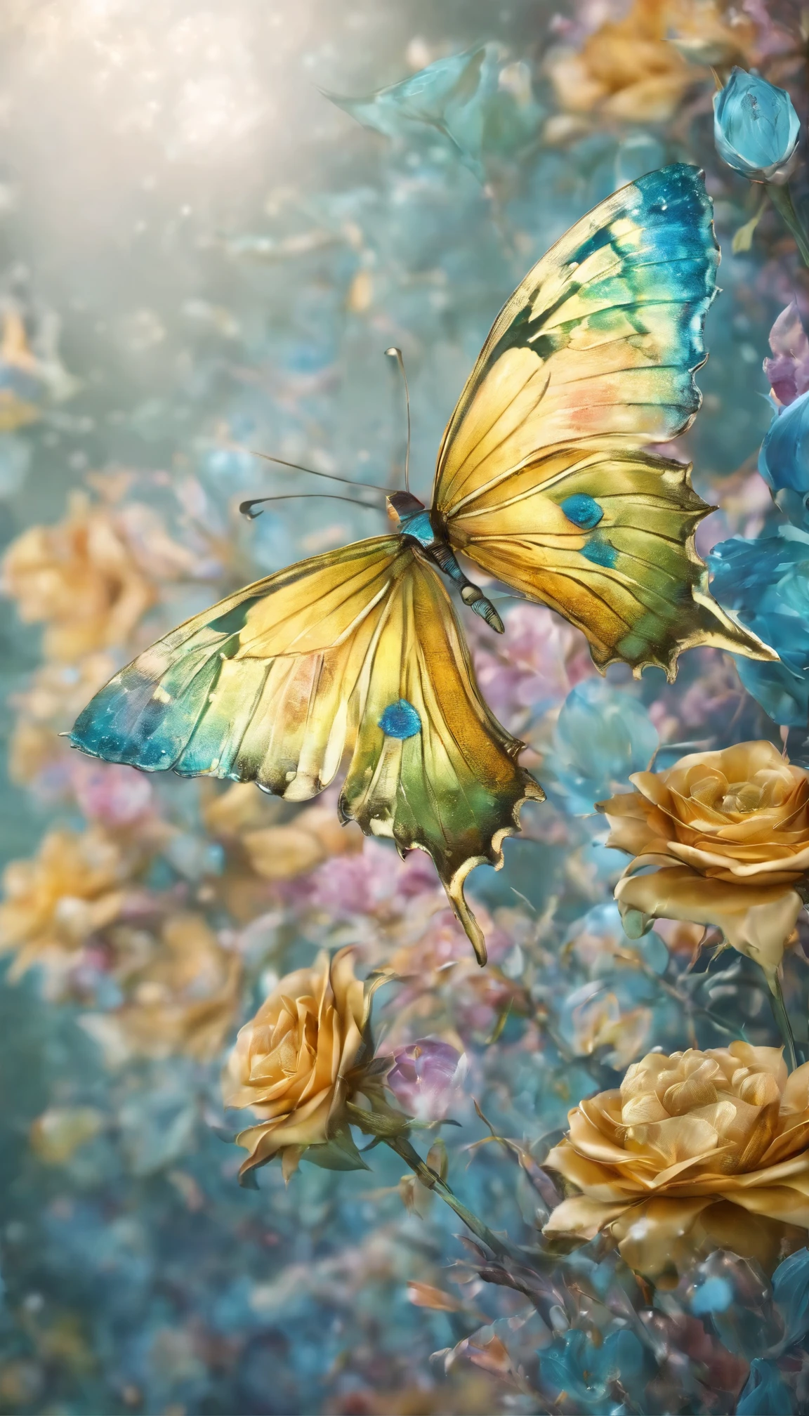 The background is greenblue,moon light,All expressed with jewels, the arrival of spring, various beautiful flower
, Beautiful yellow swallowtail butterfly,angles looking up from below, various jewels falling from the sky, wonderful and beautiful superb view, slightly hazy, fantastic, high resolution, 8K, (best quality, highres, realistic:1.37), shiny metallic flowers, intricate and delicate petals, reflective surfaces, vibrant colors, intricate details, close-up view, surreal garden, surreal beauty, dreamy atmosphere, fine art, abstract botanicals, metallic sculpture, contrasting textures, ethereal glow