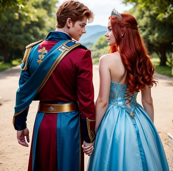 A 17-year-old red-haired princess with blue eyes and a prince with his back to her also with blue eyes behind them will be the king and queen and next to the King and Queen their parents Add a legacy title: a Guardians story