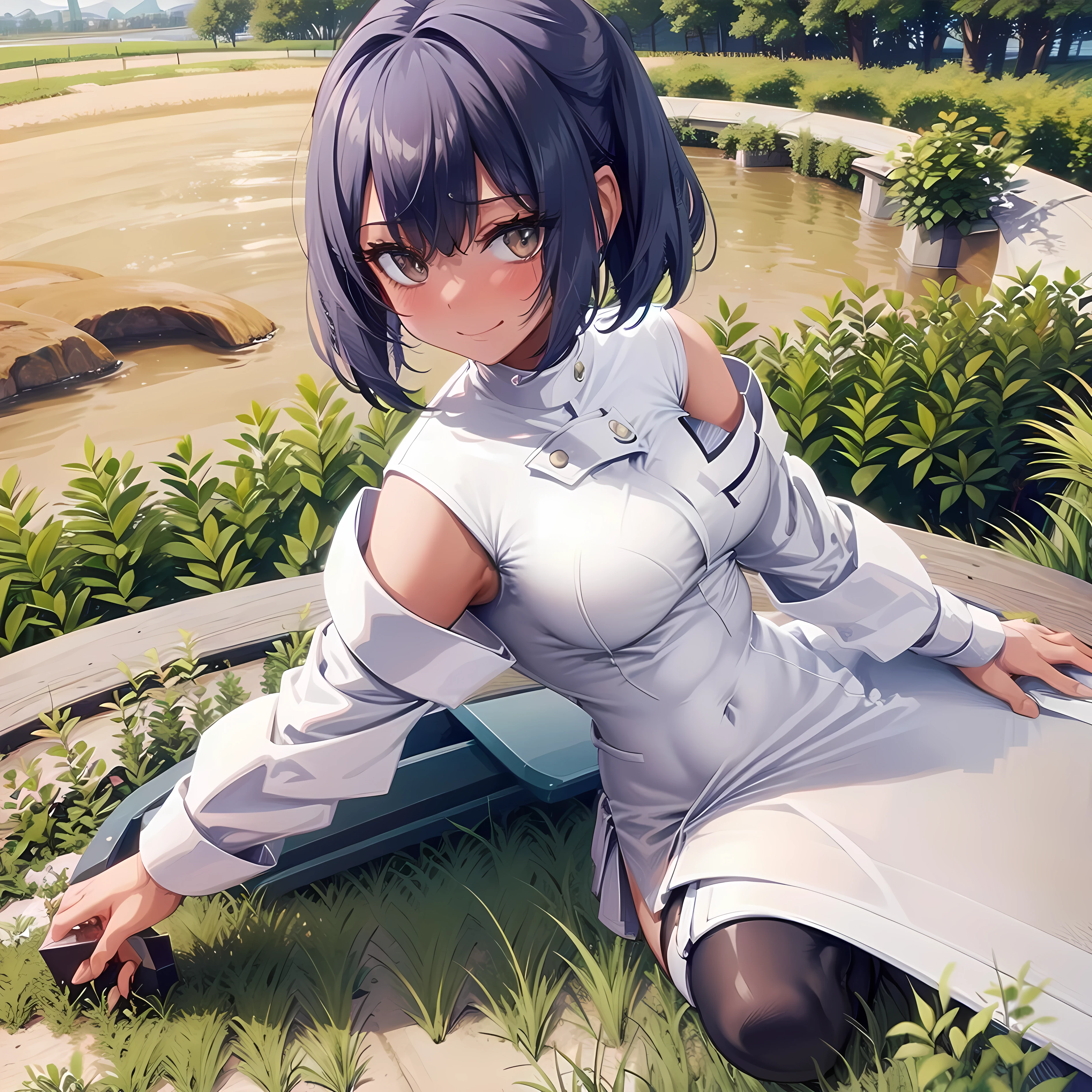 masterpiece, best quality, detailed, pov, 1girl, aether foundation employee, smug, standing, grassy field, lake background, countryside distant background,