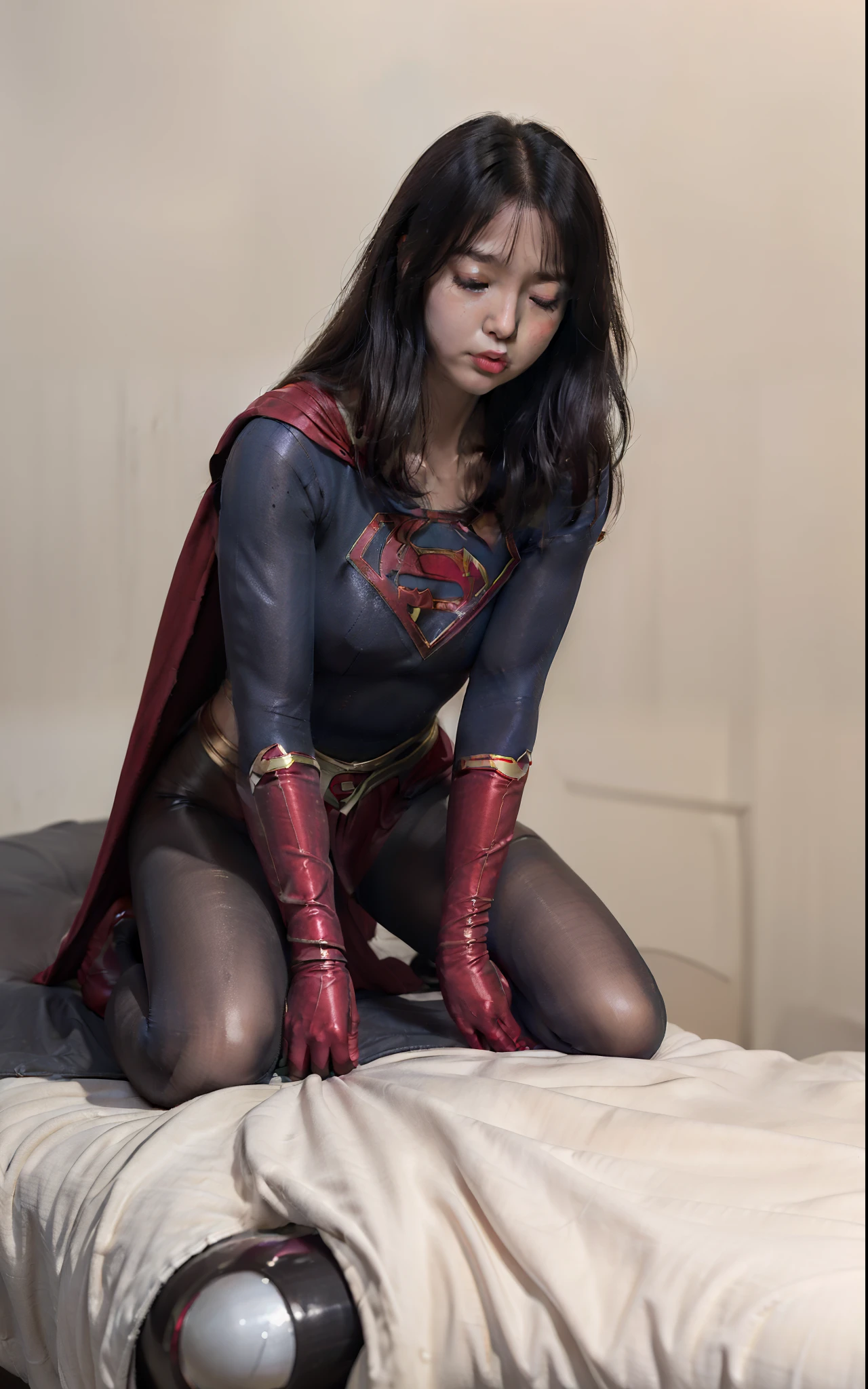 (((Make the most of your original images)))、(((Supergirl Costume)))、(((hang)))、(((close your eyes、Sleeping)))、((bra、weak legs))、(((Downward、Pushed down)))、((obtain))、((suffering))、((Doll condition))、((suffering))、(((Wear red gloves)))、(((Shiny black hair)))