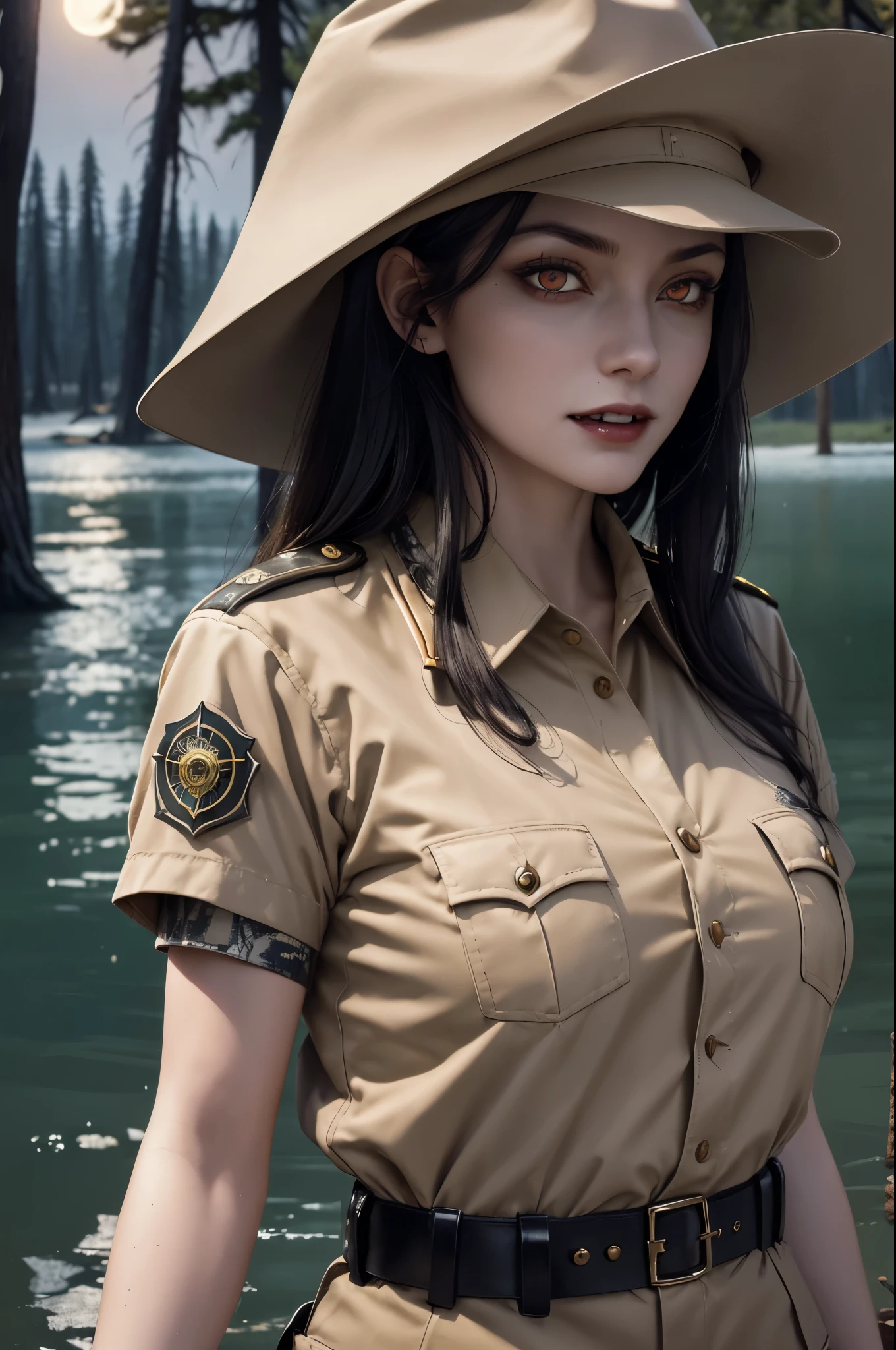 (((night, moonlight))) ((a deserted lake)) Vampire woman, (((red eyes and fangs))), pale skin, (((park ranger uniform, park ranger hat, beige National Park uniform, short sleeves)))), (open mouth, blood on mouth), (evil grin), looking at viewer, standing in water, sopping wet, style of a painted book illustration, dramatic lighting, ((depth of field)), ((masterpiece)), ((best quality)), ((highly detailed)), horror theme