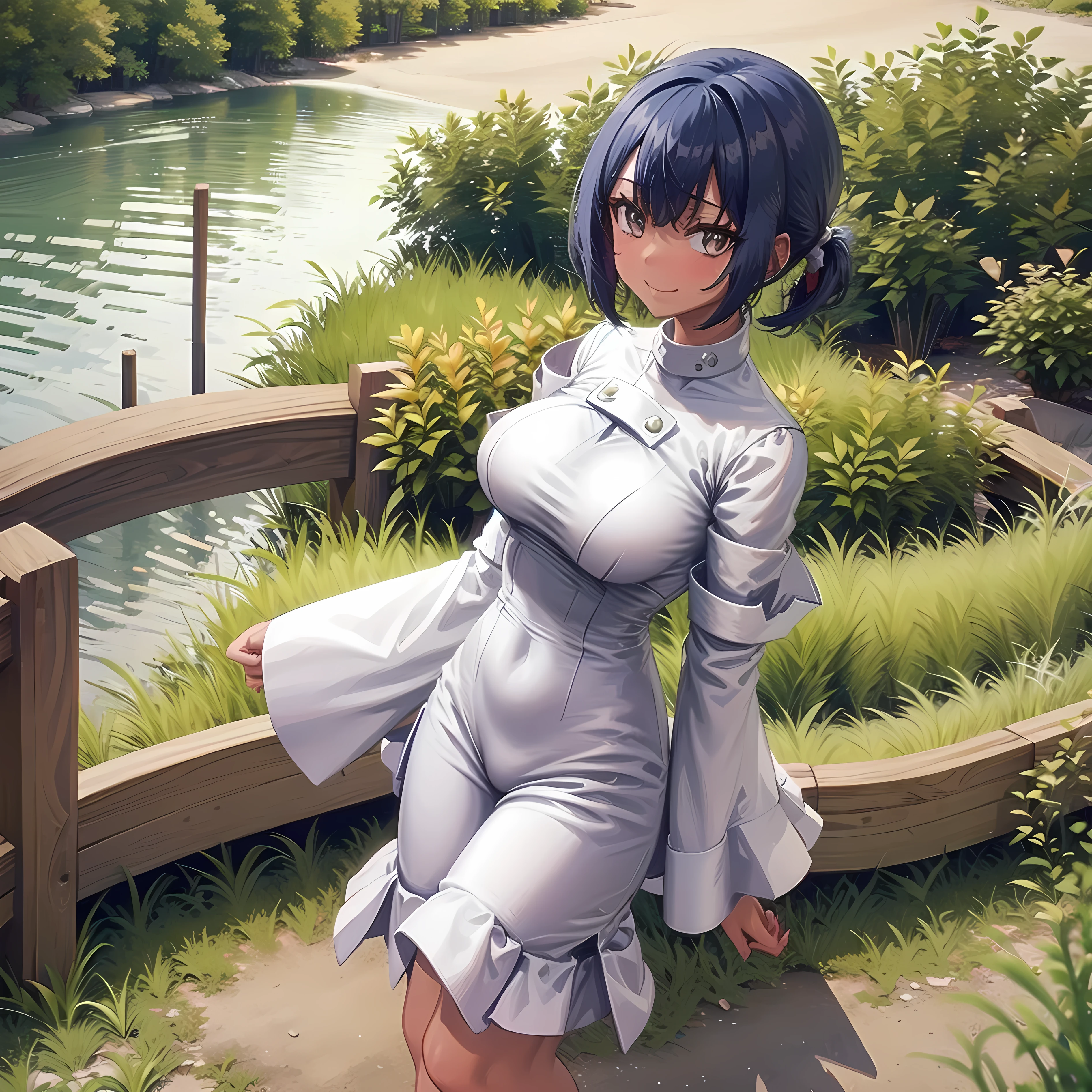 masterpiece, best quality, detailed, pov, 1girl, aether foundation employee, smug, standing, grassy field, lake background, countryside distant background,