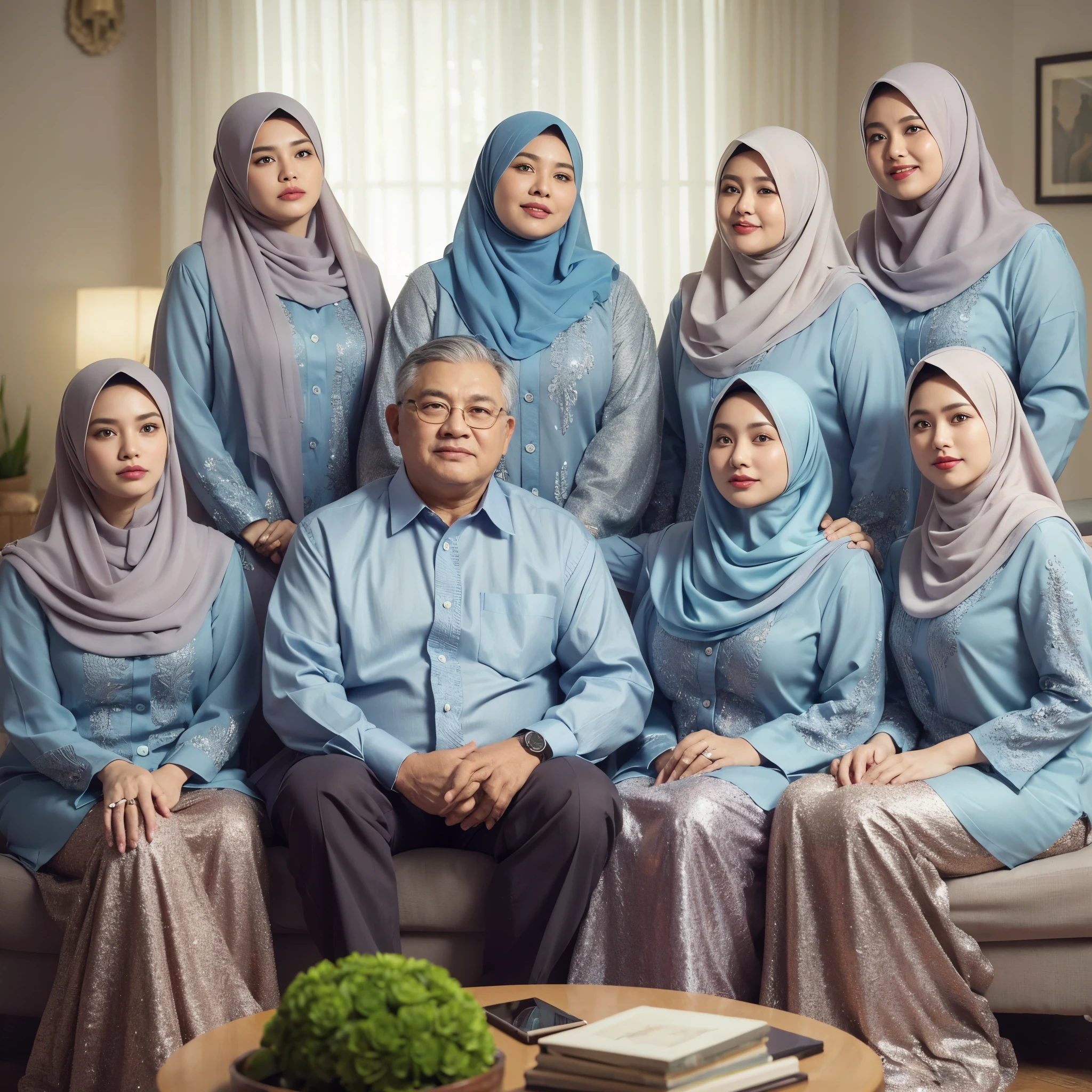 Family photo in Indonesia, eight members, father and mother aged 50 sitting on the sofa, five women standing behind the sofa, one chubby woman, they are wearing matching semi-formal blue collared shirts and sharia dress in the same color and coordination, wearing hijab, looking luxurious, realistic photo, living room background, daylight, green flower vase, detailed, best photography, UHD, 32k 