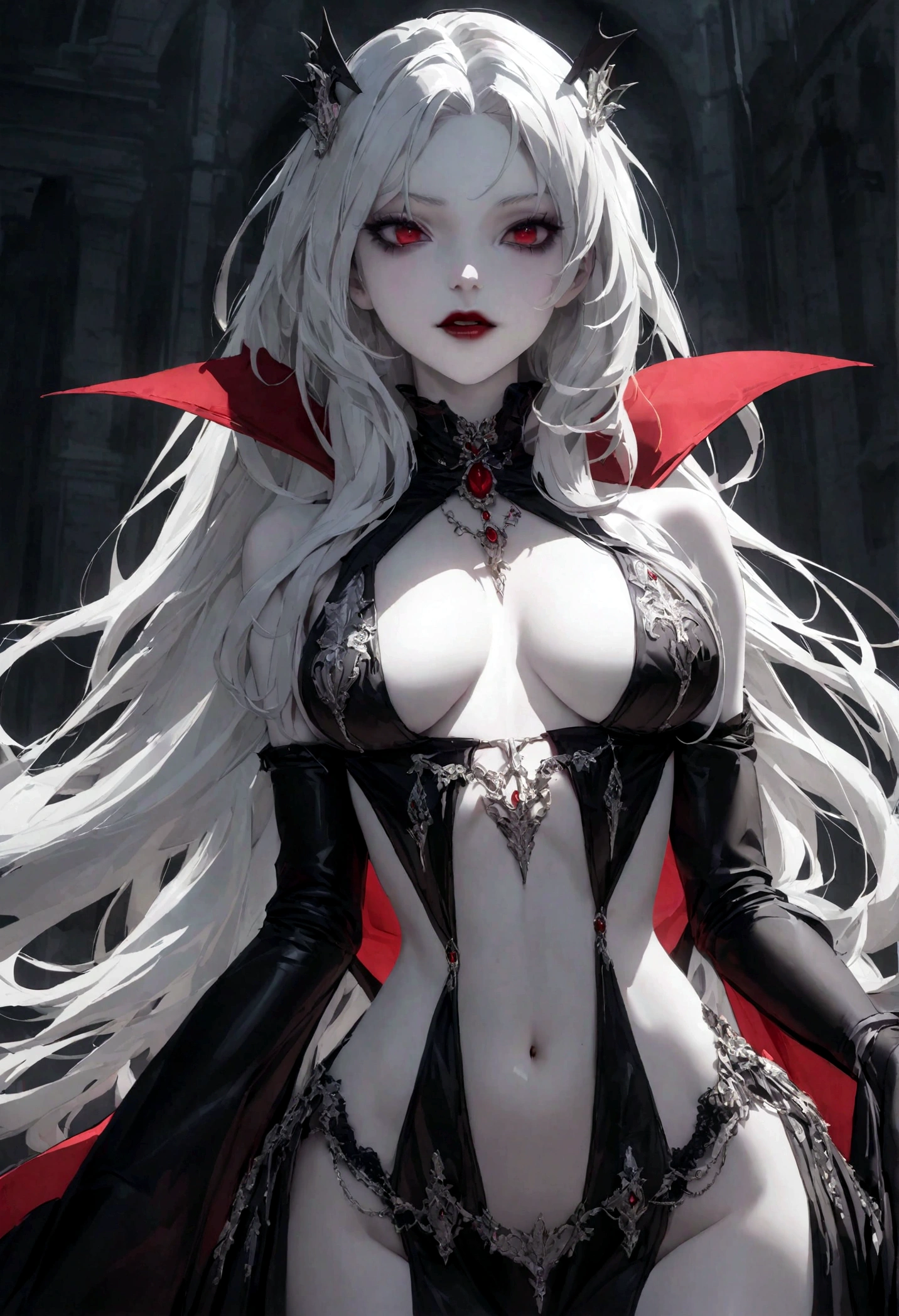 vampire, woman, long silver hairs, pale skin, alluring body, expensive clothes, revealing clothes