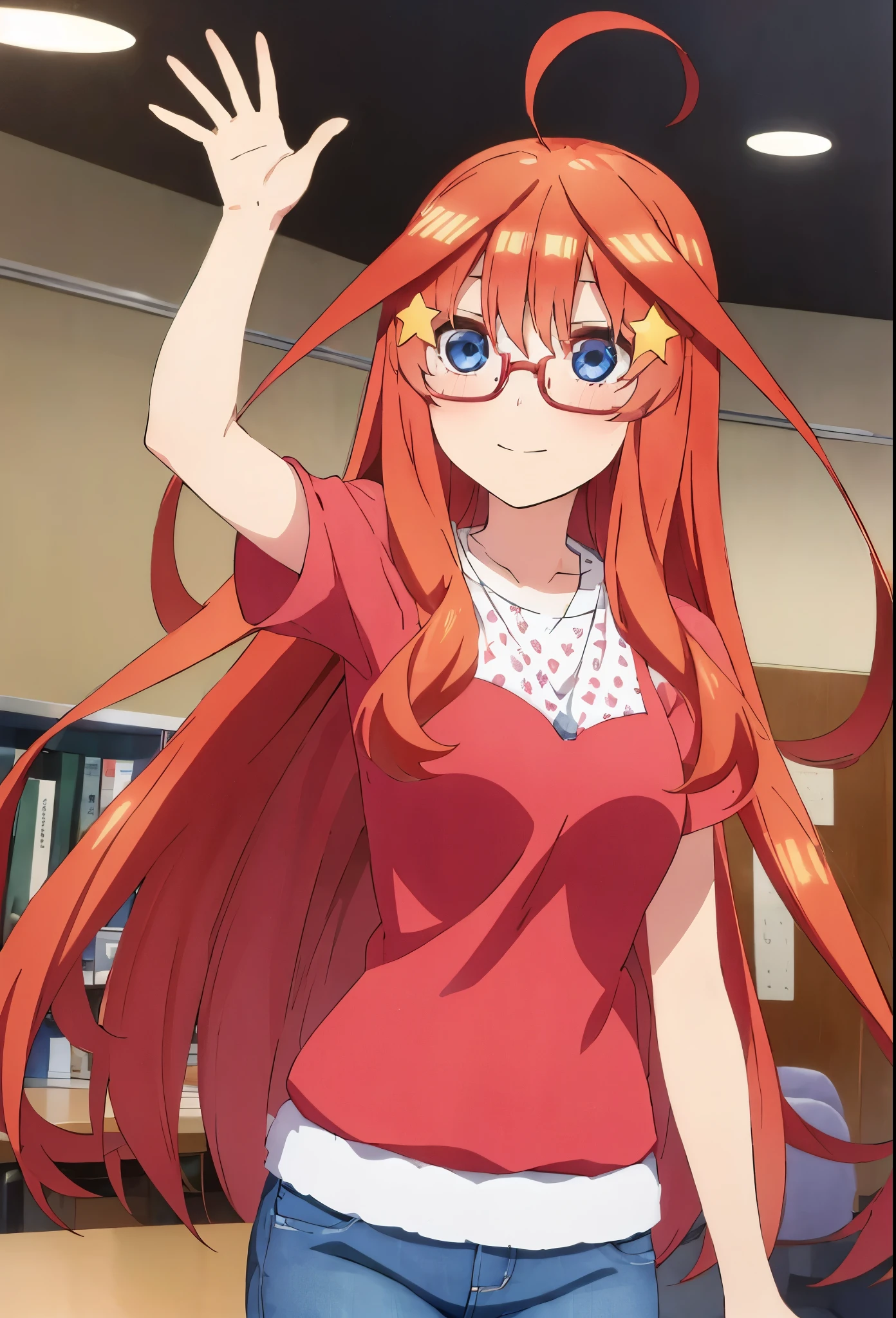 itsuki Nakano, itsuki wearing glasses, itsuki with eyeglasses, Official art、Beautifully Aesthetic:1.2)、patterns、Hair spreads throughout、4k, excellent quality, Ultra Detail, study room, eyeglasses, waving, --niji 5. Nakano itsuki from the quintessential quintuplets, itsuki Nakano, long fluffy red hair, blue eyes, nakano_itsuki, star hairclips, splendid, iridescent, dynamic pose, excellent character design, , perfect face, neat, clean, perfect definition aaitsuki, long fluffy hair,bangs,hair between eyes, (Casual Outfit), ()shorts, jeans, casual cute top, smile