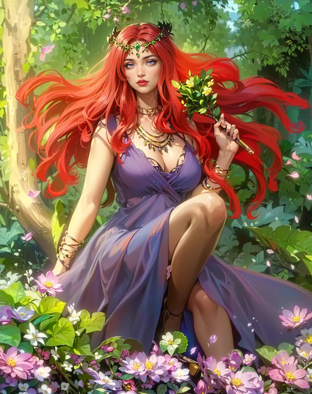 "detailed features" , "detailed eyes" , "1women, "medusa" , "snake hair" , "beautiful" , slit snake eyes" , "dangerous" , "Greek maroon dress", "lips slightly parted" , "full body" , "garden background" , "sitting in flowers" , "smelling a flower"