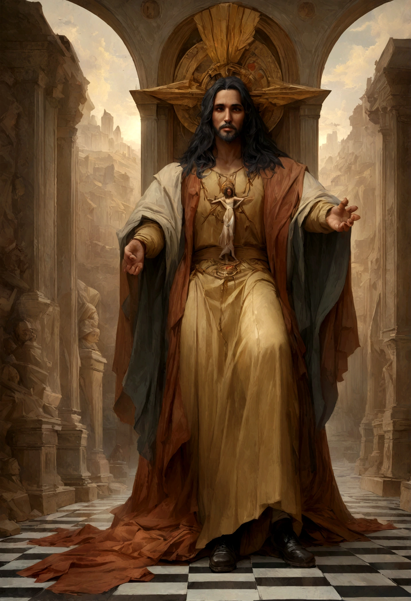 Full length photo of Jesus Christ majestic scary unsettling professional oil painting by ed blinkey atey ghailan by jeremy mann greg manchess rays of light antonio moro trending on artstation trending on cgsociety intricate high detail focus sharp, dramatic, arte de pintura fotorrealista de Midjourney e Greg Rutkowski