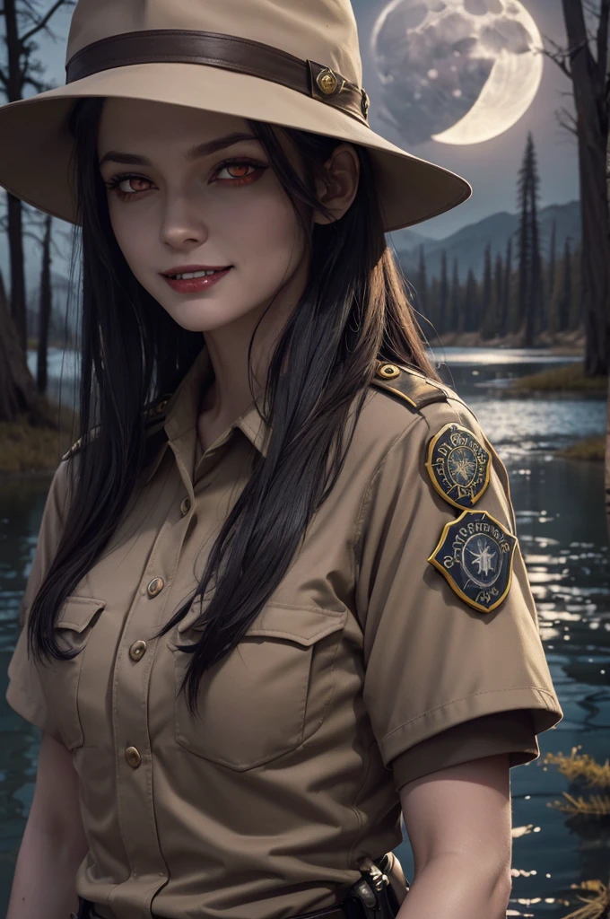 (((night, moonlight))) ((a deserted lake)) Vampire woman, (((red eyes and fangs))), pale skin, (((park ranger uniform, park ranger hat, beige National Park uniform, short sleeves)))), (open mouth, blood on mouth), (evil grin), looking at viewer, (full figure), sopping wet, style of a painted book illustration, dramatic lighting, ((depth of field)), ((masterpiece)), ((best quality)), ((highly detailed)), horror theme