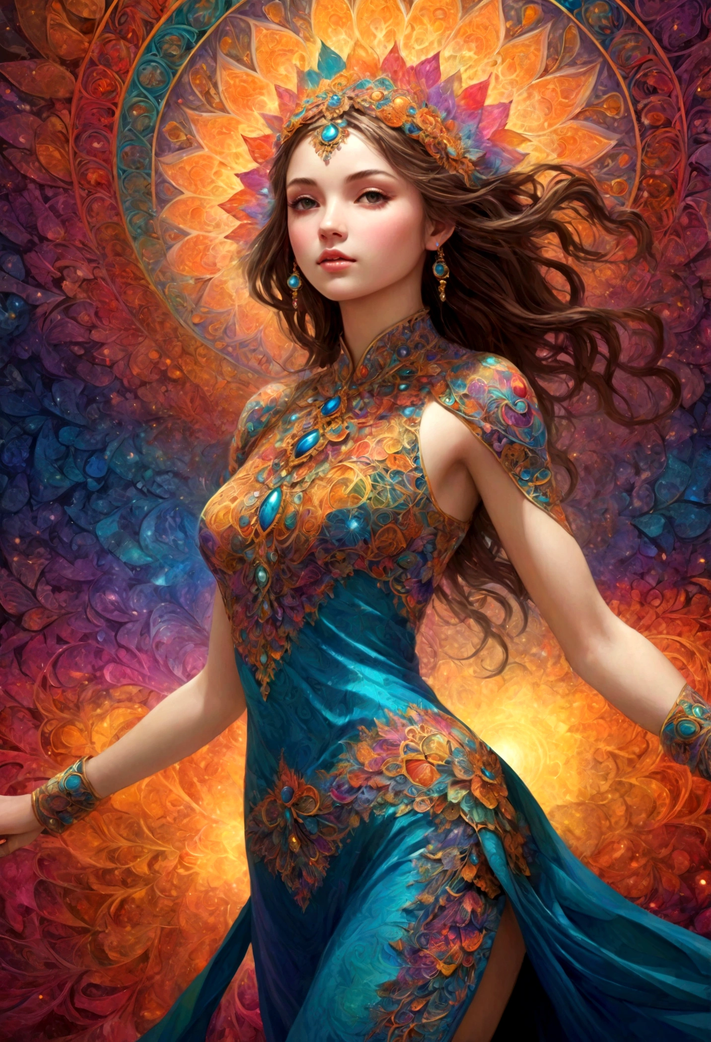 (masterpiece, top quality, Best quality, official art, beautiful and aesthetically pleasing:1.2), (1 girl:1.3), extremely detailed,(fractal art:1.1),(colorful:1.1),as detailed as possible,(confused:1.2), (dynamic pose), (abstract background:1.5), (Japanese dress:1.2), (Shiny skin), (Many colors:1.4), ,(earrings:1.4),