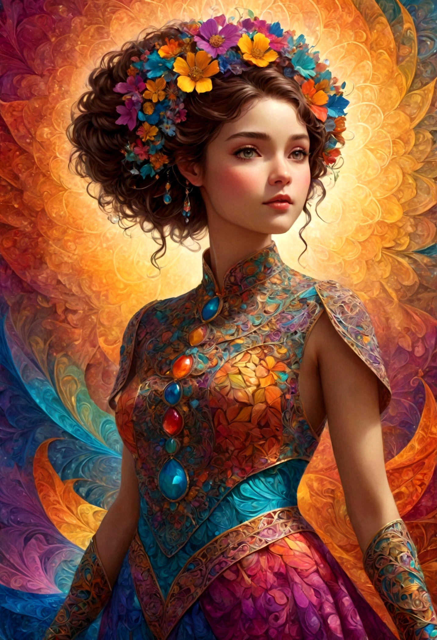 (masterpiece, top quality, best quality, official art, beautiful and aesthetic:1.2), (1girl:1.3), extremely detailed,(fractal art:1.2),colorful,highest detailed,(zentangle:1.2), (dynamic pose), (abstract background:1.5), (treditional dress:1.2), (shiny skin), (many colors:1.4), upper body