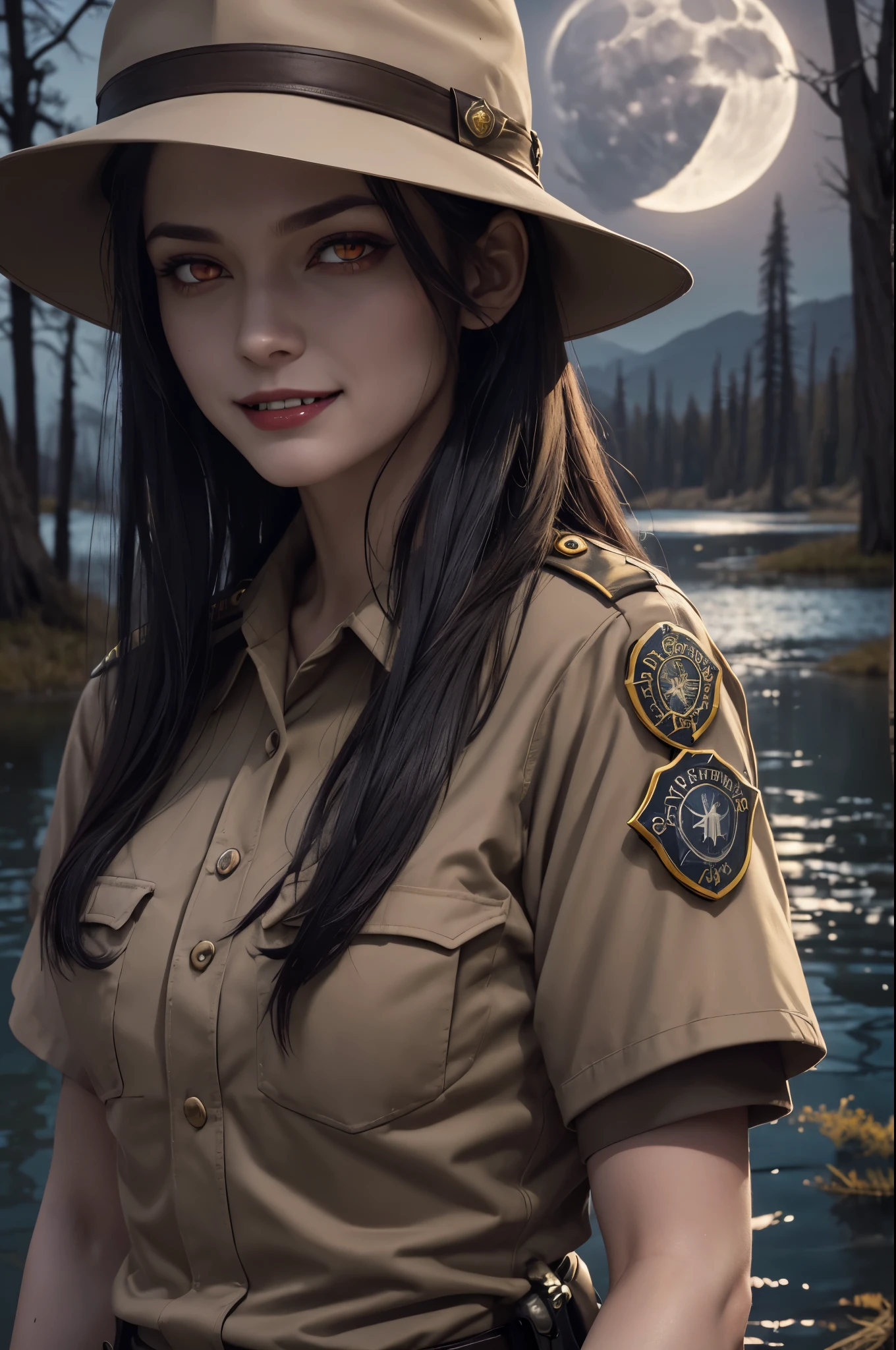 (((night, moonlight))) ((a deserted lake)) Vampire woman, (((red eyes and fangs))), pale skin, (((park ranger uniform, park ranger hat, beige National Park uniform, short sleeves)))), (open mouth, blood on mouth), (evil grin), looking at viewer, (full figure), sopping wet, style of a painted book illustration, dramatic lighting, ((depth of field)), ((masterpiece)), ((best quality)), ((highly detailed)), horror theme