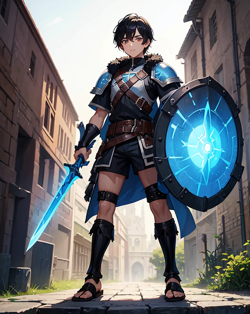 Young boy with black hair and brown eyes, dressed in short neon-blue blue medieval barbarian clothes, fur shorts, light-battle armor, weilding silver sword and shield, sandals; fullbody; short hair, masculine
