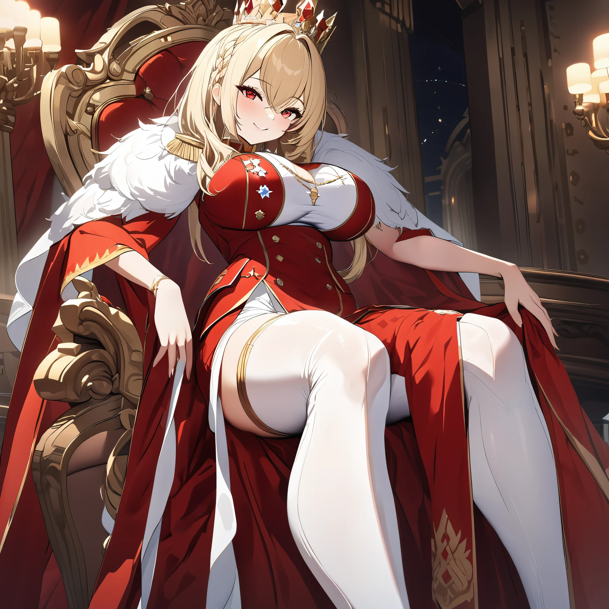 A woman wearing a red military uniform with gold details, red cape, medals, long blonde hair, red eyes, wearing a queen's crown on her head sitting on a luxurious royal throne in a very large king's room, big breasts, long stockings , red heels, smiling. .UHD, work- prime, accurate, anatomically correct, textured skin, super details, high quality, best quality, 8k, high resolution, bokeh effect. (woman alone)
