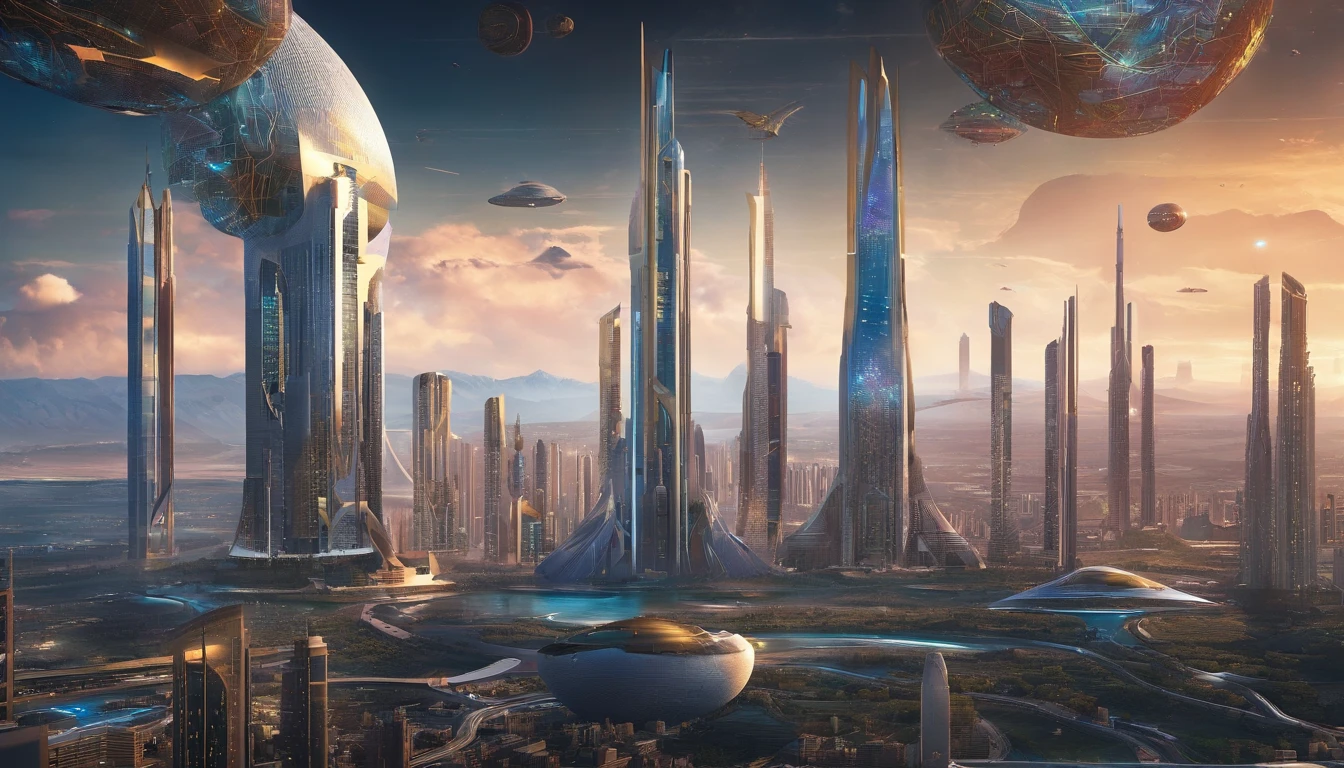 A stunning 3D render of a futuristic cityscape set in the distant reaches of space. The magnificent metropolis has a massive golden figure "🍕" woven into its design, and everything is shaped like a planet. The city is adorned with opulence, including a translucent diamond shield protecting its inhabitants from the unknown beyond. The color palette includes metallic reds, greens, and golds, evoking both Earthly terrains and interstellar oceans. Towering skyscrapers dominate the scene, with a central tower that stands out like a celestial fortress. The style and concept pay homage to the works of Larry Niven, creating a cinematic, conceptual masterpiece that showcases vibrant architecture and captures the essence of a thriving interstellar civilization., dark fantasy, cinematic, portrait photography, architecture, wildlife photography, 3d render.🏟️🏯🪦🌁☠️🐝🛬🚉🚚🌌