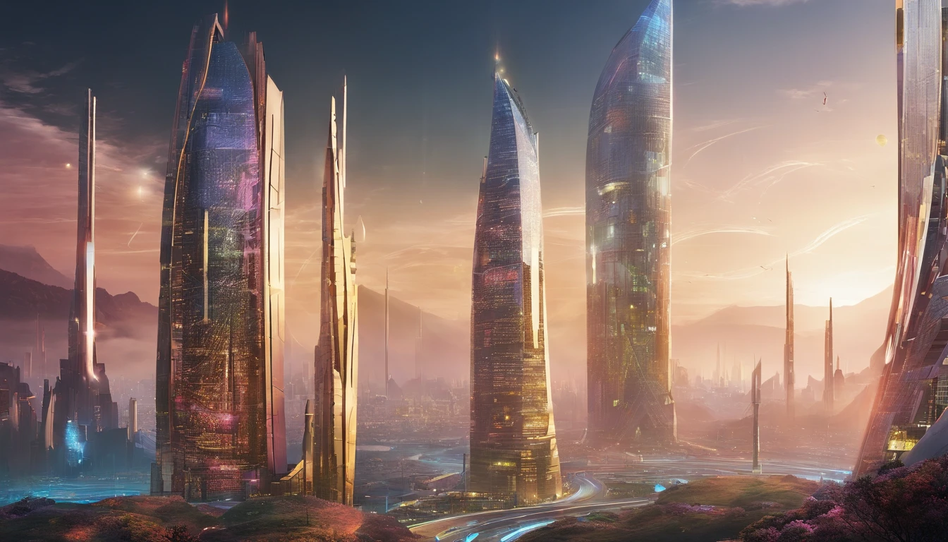 A stunning 3D render of a futuristic cityscape set in the distant reaches of space. The magnificent metropolis has a massive golden figure "🍕" woven into its design, and everything is shaped like a planet. The city is adorned with opulence, including a translucent diamond shield protecting its inhabitants from the unknown beyond. The color palette includes metallic reds, greens, and golds, evoking both Earthly terrains and interstellar oceans. Towering skyscrapers dominate the scene, with a central tower that stands out like a celestial fortress. The style and concept pay homage to the works of Larry Niven, creating a cinematic, conceptual masterpiece that showcases vibrant architecture and captures the essence of a thriving interstellar civilization., dark fantasy, cinematic, portrait photography, architecture, wildlife photography, 3d render.🏟️🏯🪦🌁☠️🐝🛬🚉🚚🌌