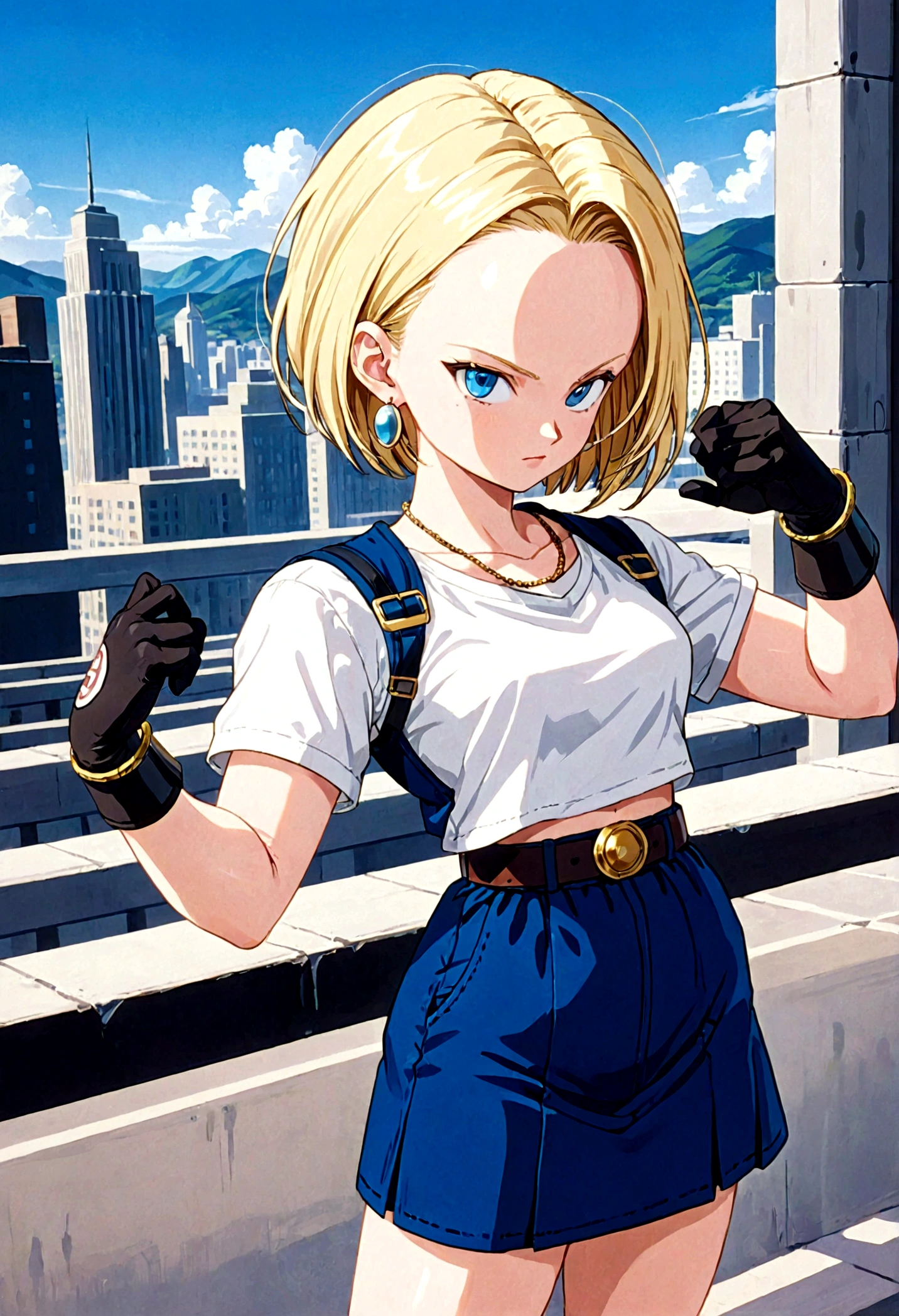 1girl, android18 from "Dragon Ball", cute pose, sysdeep_android18, cyborgc18dbz, DB_Android_18, a woman, jewelry, blond hair, Short hair, earrings, blue eyes, belt, necklace, blue skirt, black fingerless gloves, white shirt, vest, hoop earrings, short sleeves, bracelet, pearl necklace, black belt, belt buckle, (masterpiece, best quality, Professional, perfect composition, very aesthetic, absurdres, ultra-detailed, intricate details:1.3)