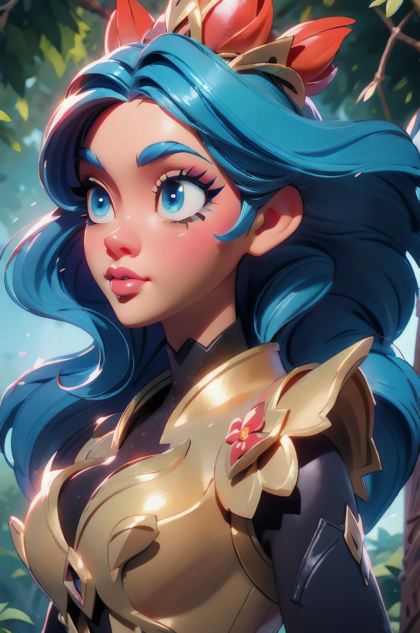 (masterpiece:1.4), (best quality:1.4), A beautiful girl with blue hair, with big blue eyes, in detailed metallic armor, knight armor, lips, makeup, side angle, natural pose, Dramatic lighting, sunlight, in the forest, depth of field, 3d animated cartoon, vibrant, colorful, Watercolor, Ink, (best quality,4k,8k,highres,masterpiece:1.2),ultra-detailed,extremely detailed eyes and face, long eyelashes, vivid colors, detailed background, detailed face, (sunshine theme:1.1), (style-swirlmagic:0.8), floating red particles, floating red petals