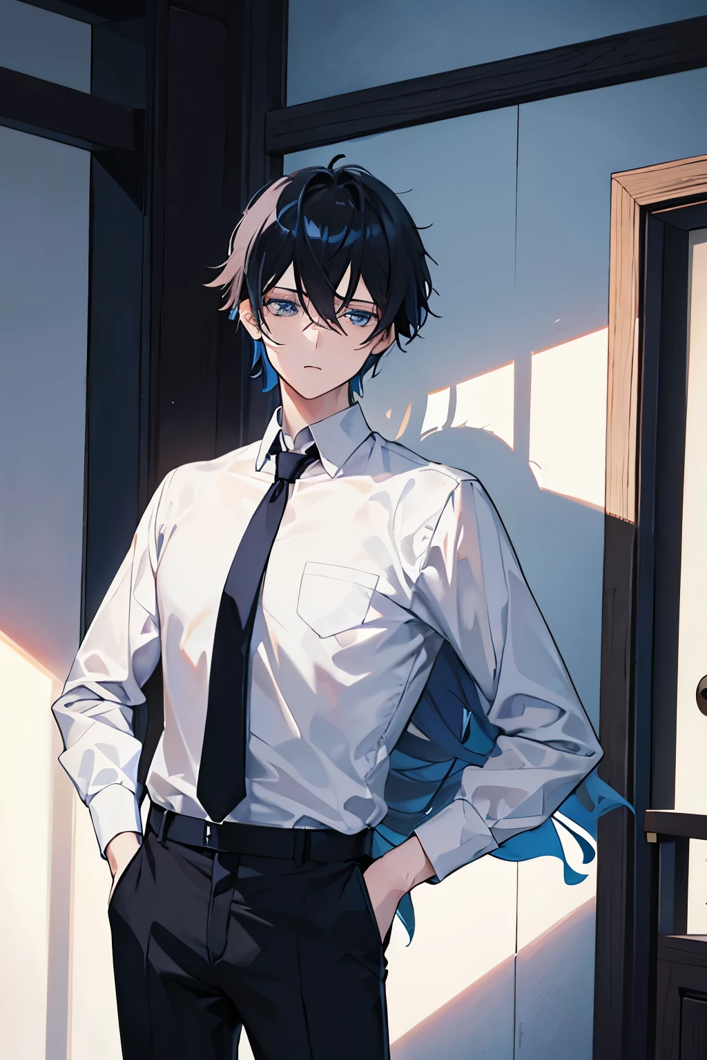 male, Meduim build, black hair, blue eyes, 170 cm tall, 20 years old, wearining white shirt, black blue tie, black pants.