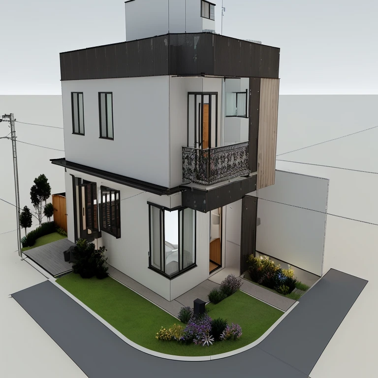 a representation of a house with a porch and porch, Design exterior, fully detailed rendering, detailed renderinging, casa completa, detailed rendering, casa conceito, projeto residencial, very detailed rendering, perspectiva frontal, 3D rendering, 3D rendering, architectural rendering, with 3D rendering, with 3D rendering, luminous rendering, highly detailed rendering, vila interdimensional